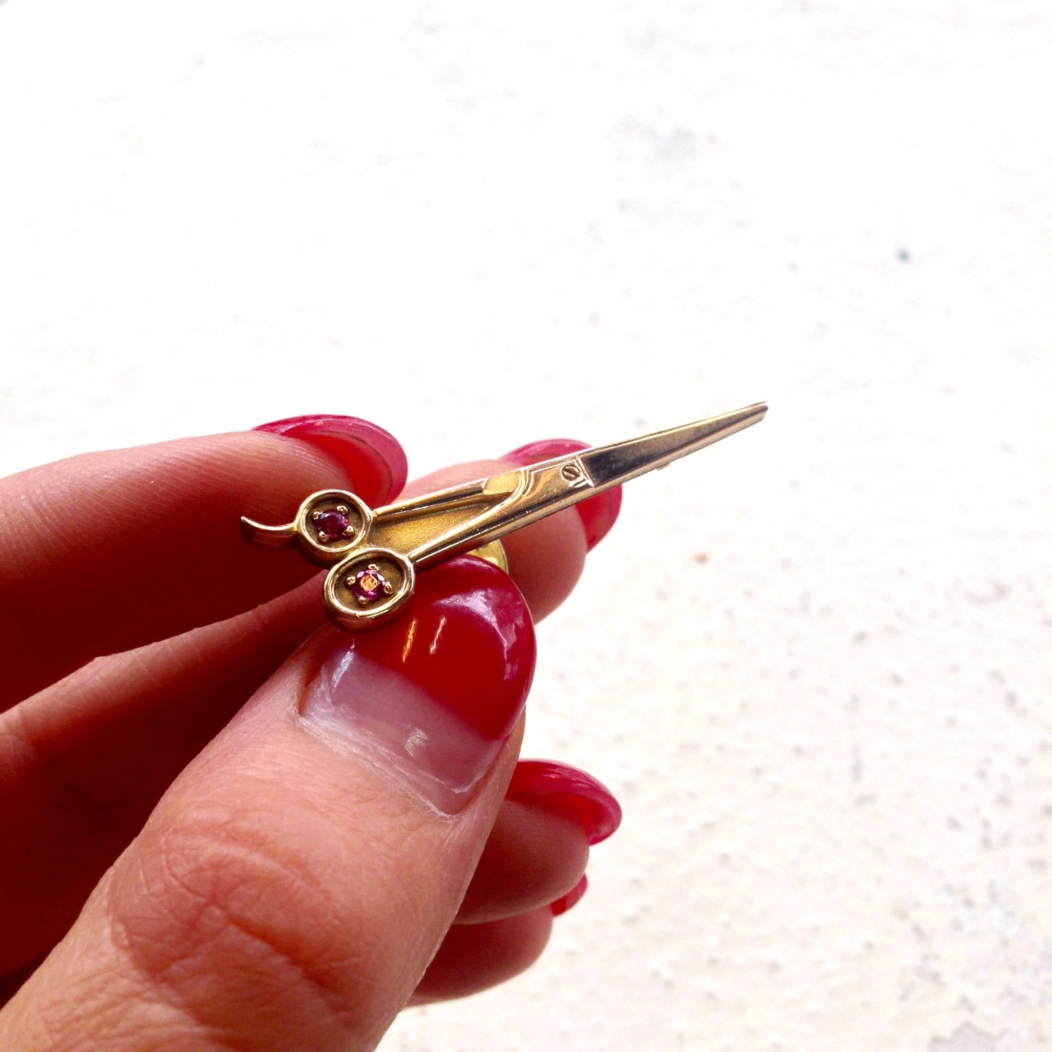 Gold Scissor Pin | Hairdresser Brooch | Decorative Scissors | Gift for Hair Stylist | Gold filled | Red Stone | Vintage 10K | ruby