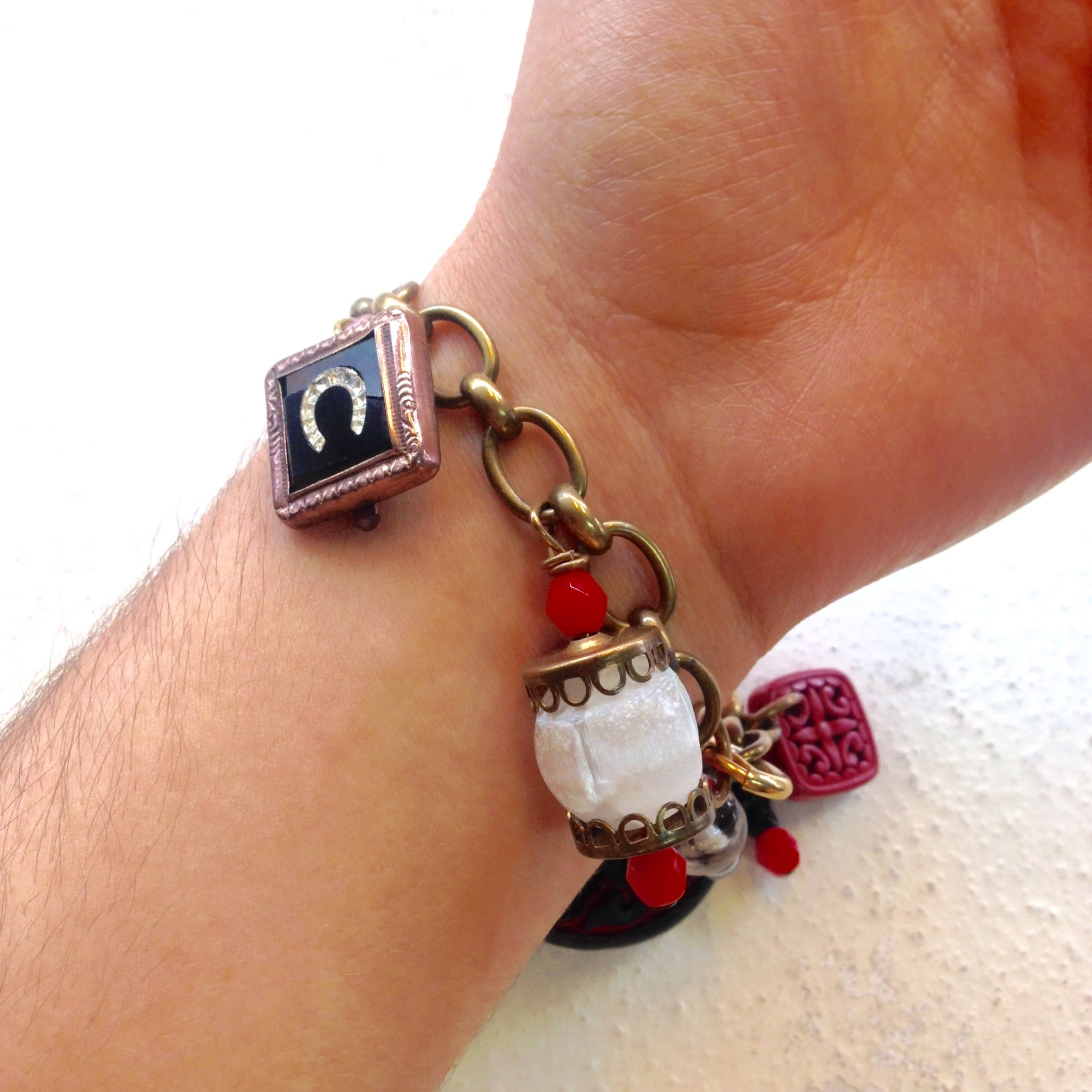 Vintage Charm Bracelet | Brass Charm Bracelet | Cinnabar Charm | Black and Red | Link Bracelet | Asian Charm Bracelet | Vintage Jewelry |