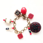 Vintage Charm Bracelet | Brass Charm Bracelet | Cinnabar Charm | Black and Red | Link Bracelet | Asian Charm Bracelet | Vintage Jewelry |