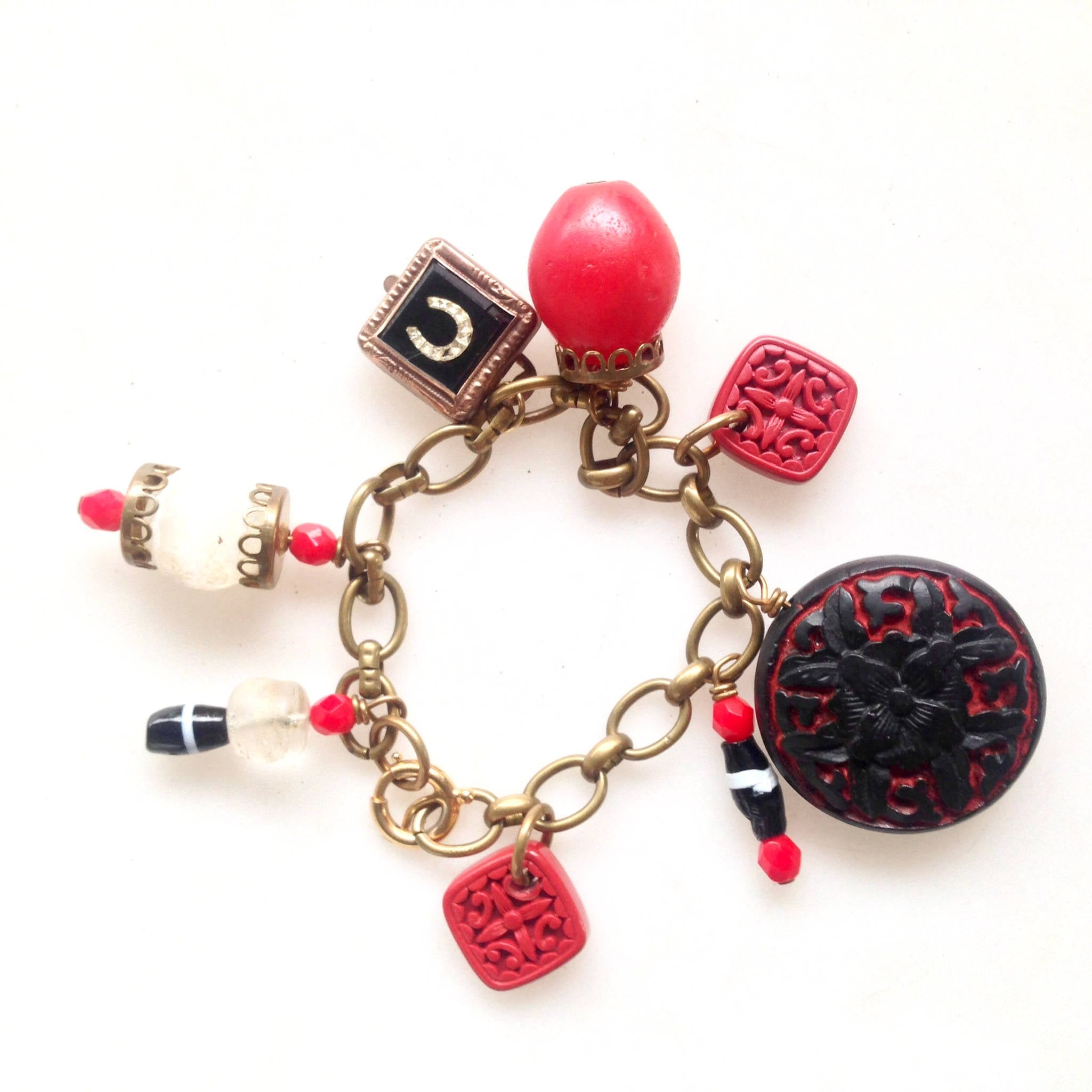 Vintage Charm Bracelet | Brass Charm Bracelet | Cinnabar Charm | Black and Red | Link Bracelet | Asian Charm Bracelet | Vintage Jewelry |