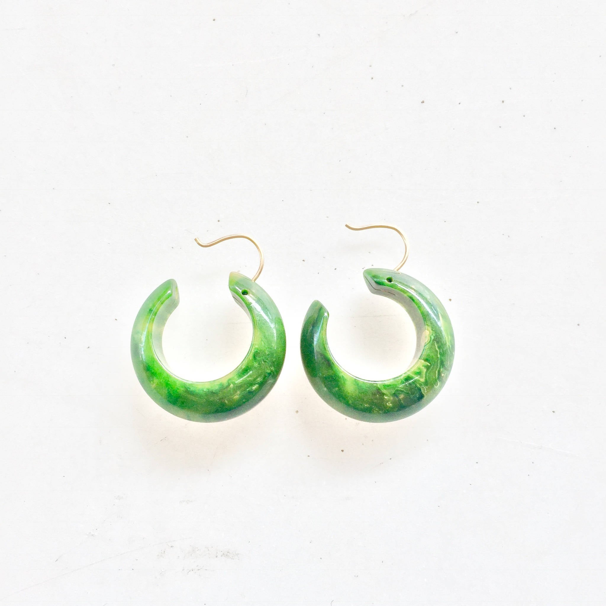 Vintage Green Bakelite Earrings | Creamed Spinach Bakelite | Marbled Apple Swirl | 1950s | Art Deco | Pierced Ears | hoop | Jewelry