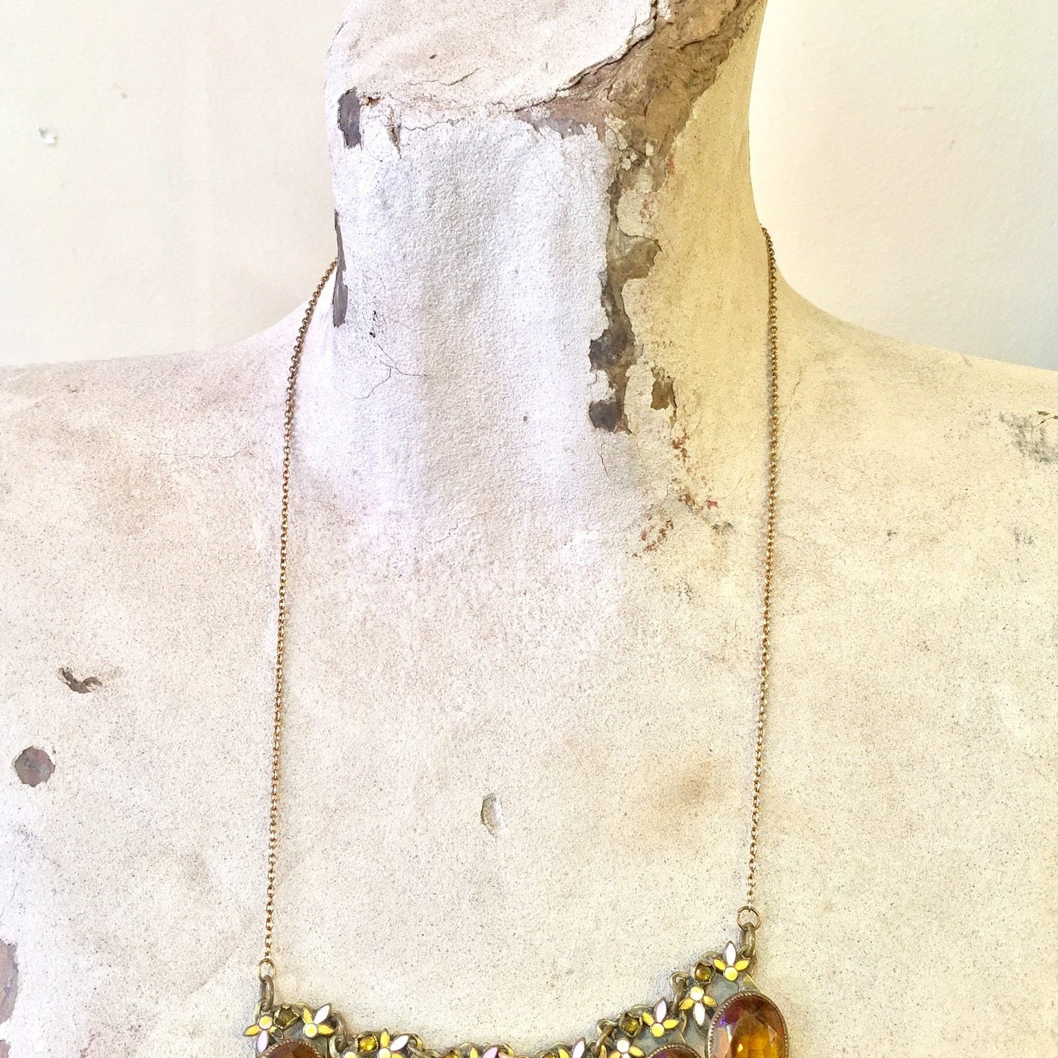 Citrine Necklace | Vintage Jewelry | Statement Necklace | Enamel | Amber Colored Citrine | Floral | Gold Toned | Antique | Victorian |