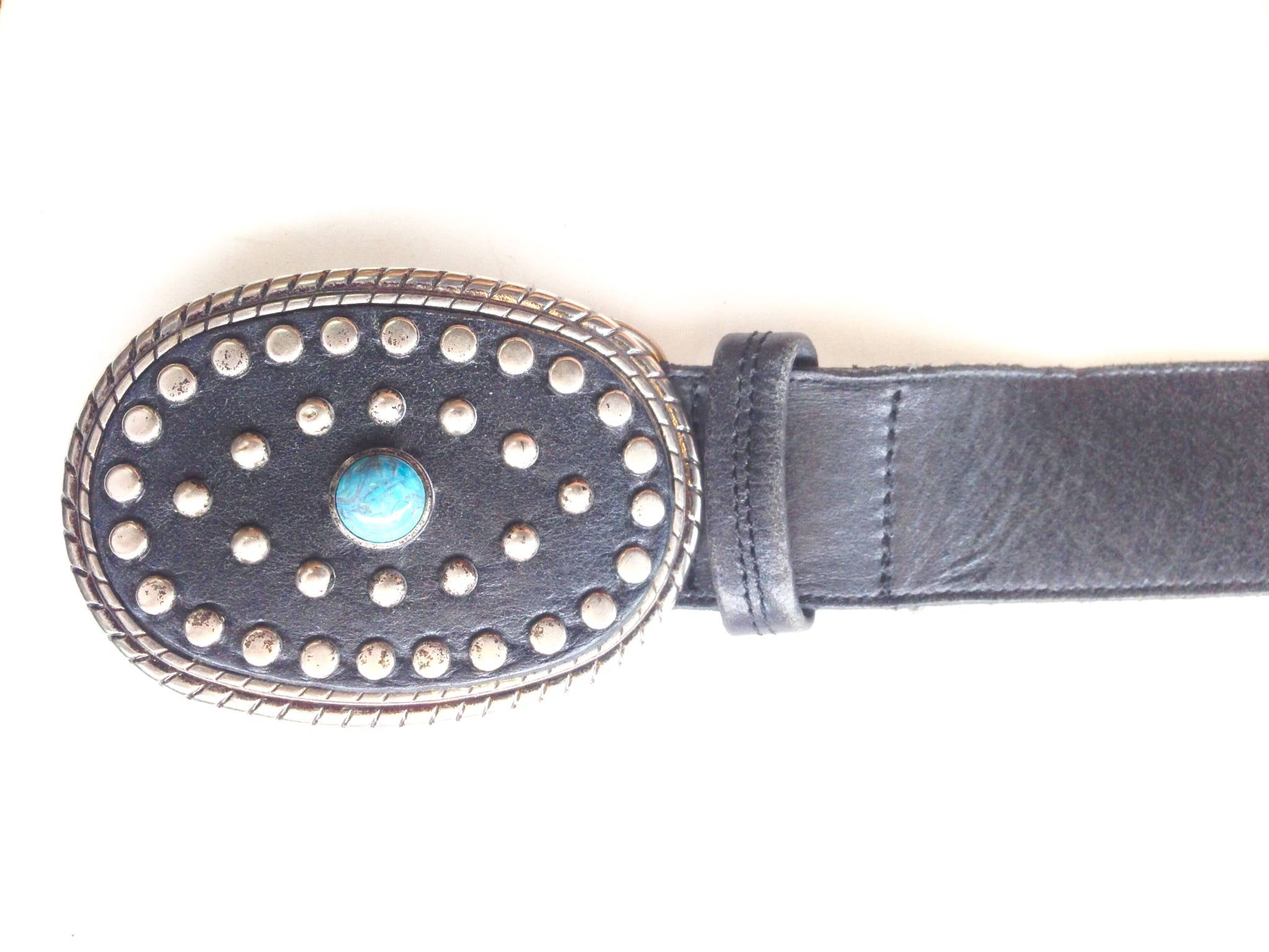 Vintage Leather Belt | Large Silver Buckle | Turquoise Silver Buckle | Southwestern Belt | Sterling Silver Oval Buckle | Elite Accessories