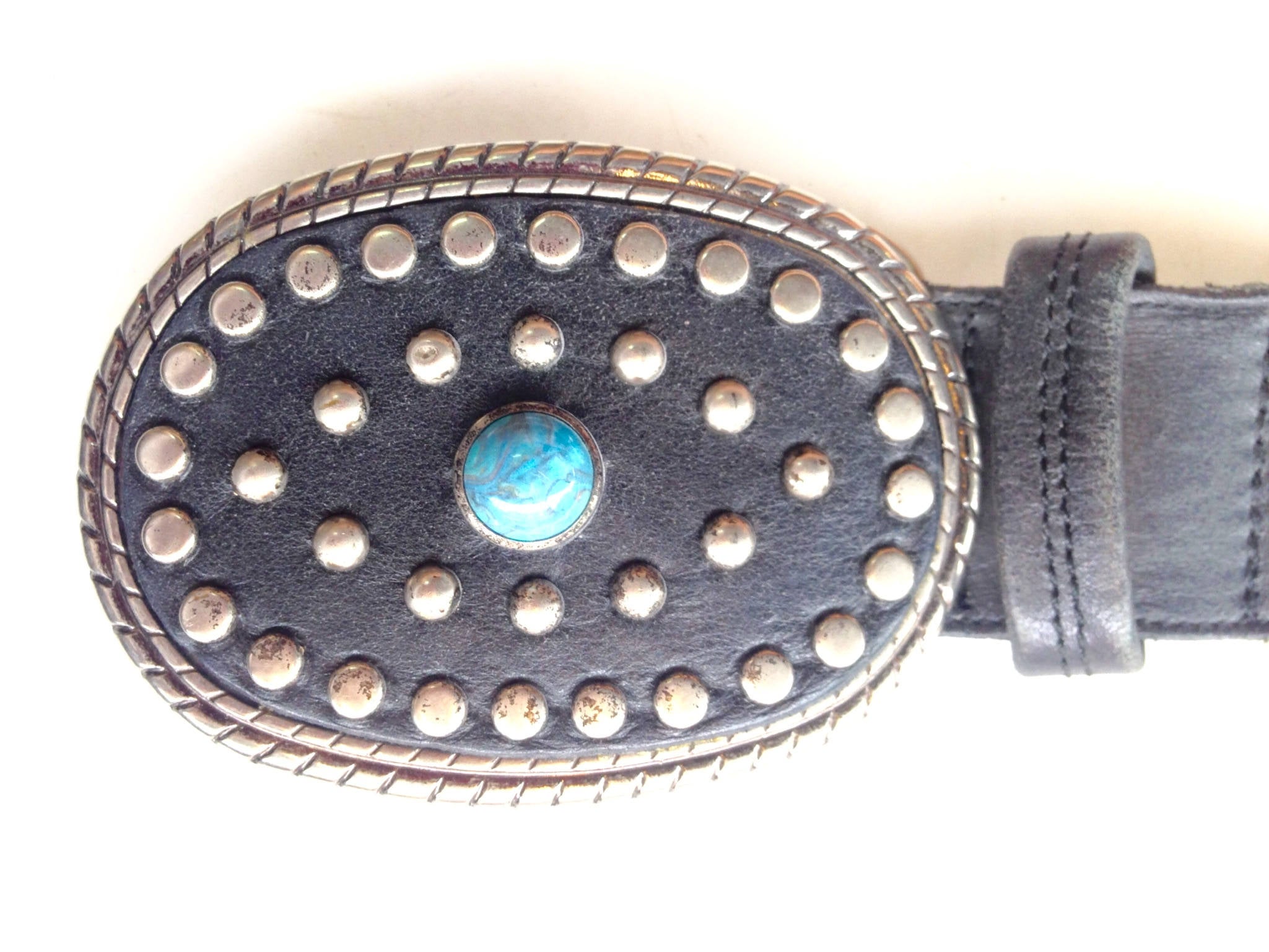 Vintage Leather Belt | Large Silver Buckle | Turquoise Silver Buckle | Southwestern Belt | Sterling Silver Oval Buckle | Elite Accessories