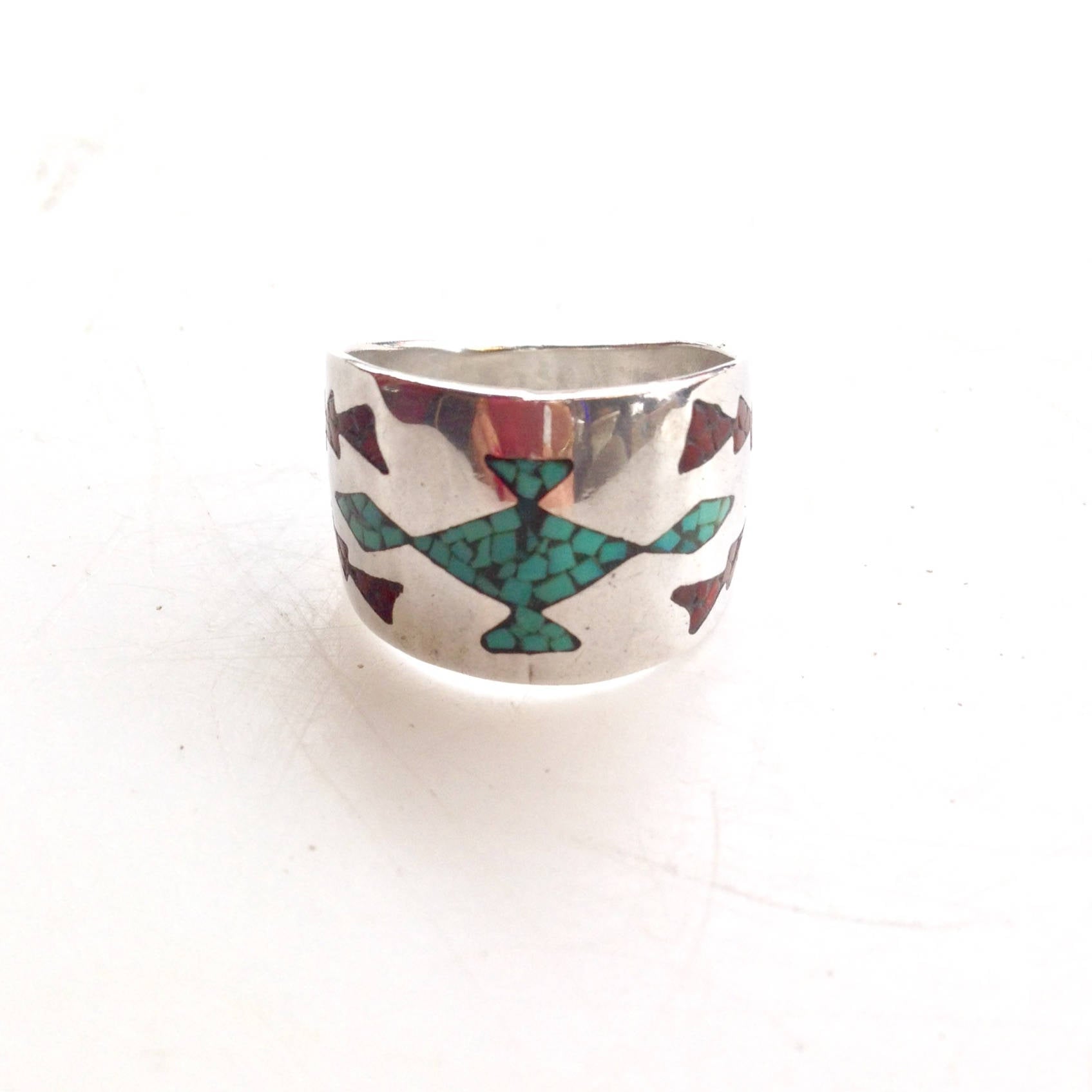 Large Southwestern Ring | Vintage Silver Jewlery | Detailed Stone Ring | Geometric Silver | Vintage Accessories | Silver Turquoise Ring |