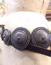 Vintage Navajo Concho belt handmade with sterling silver conchos and lapis stones on a leather strap, authentic Native American southwestern style belt.