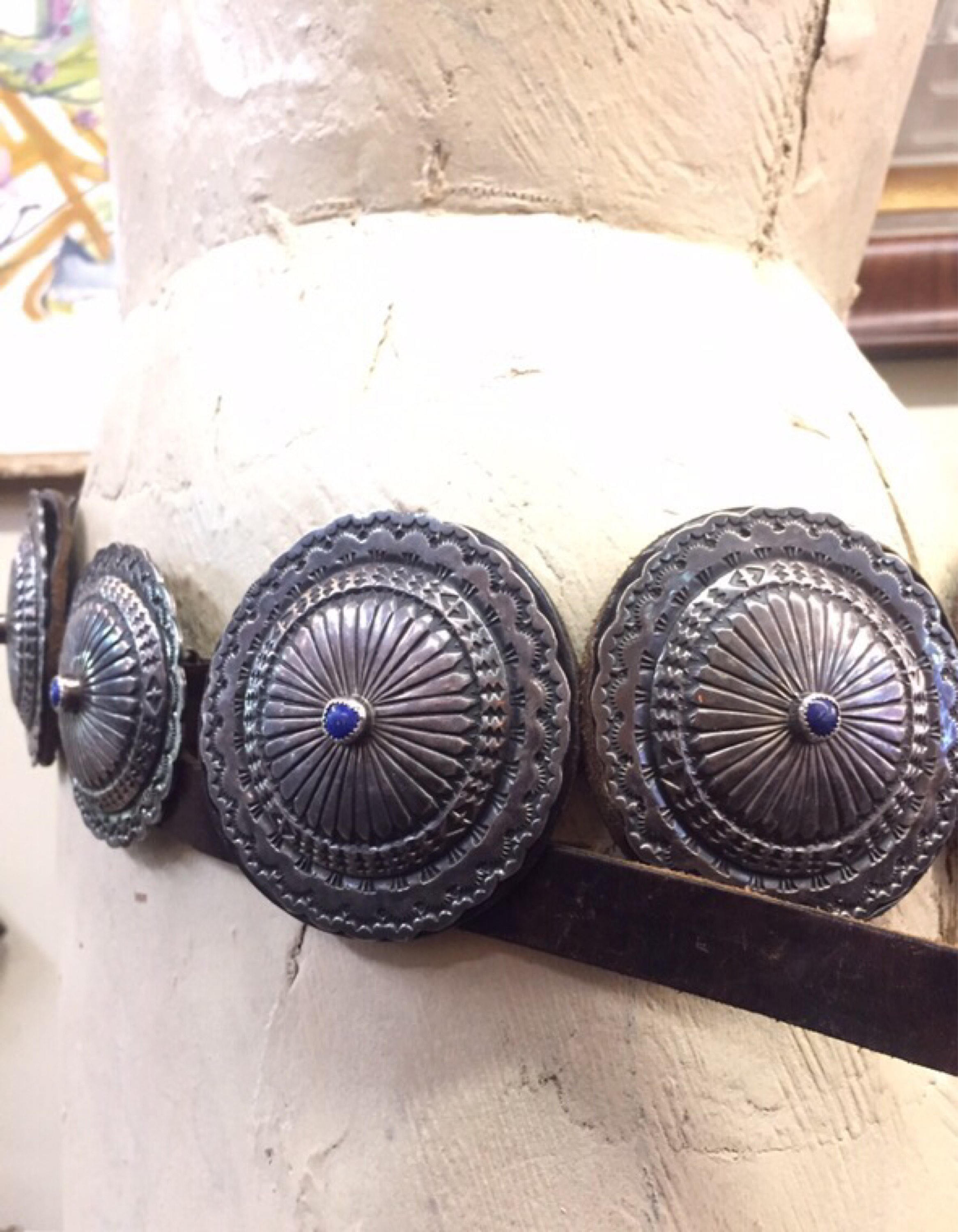 Vintage Navajo Concho belt handmade with sterling silver conchos and lapis stones on a leather strap, authentic Native American southwestern style belt.
