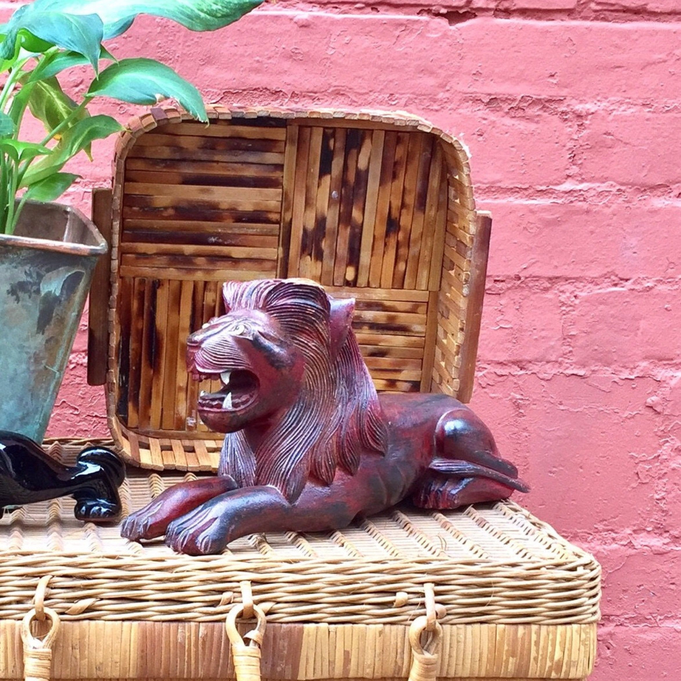 Carved Wooden Lion | Hand Carved Lion Figurine | Lion Statue | Wood Carving | Lion Sculpture | Vintage Decor | Asian Decor | Hand Crafted