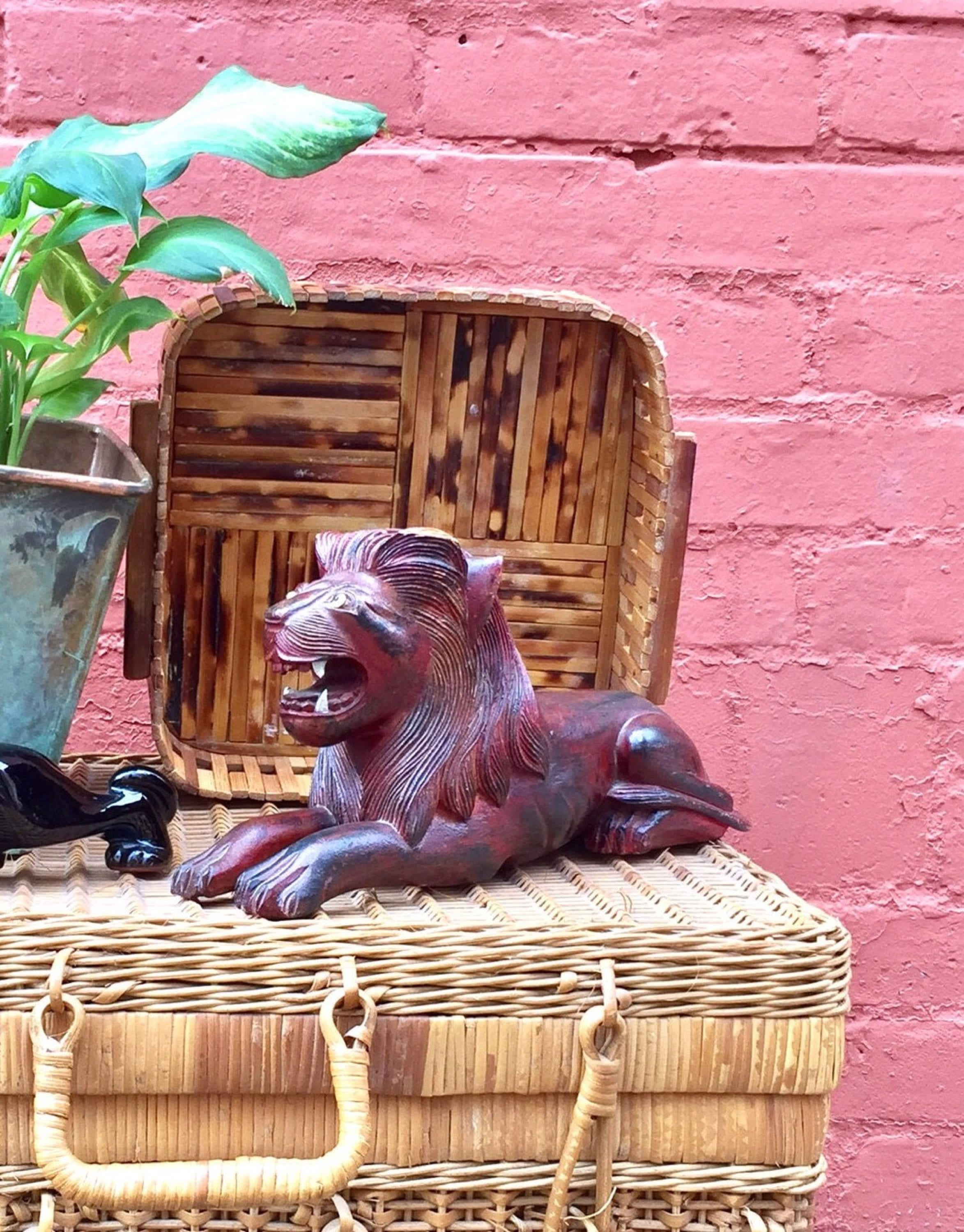 Carved Wooden Lion | Hand Carved Lion Figurine | Lion Statue | Wood Carving | Lion Sculpture | Vintage Decor | Asian Decor | Hand Crafted