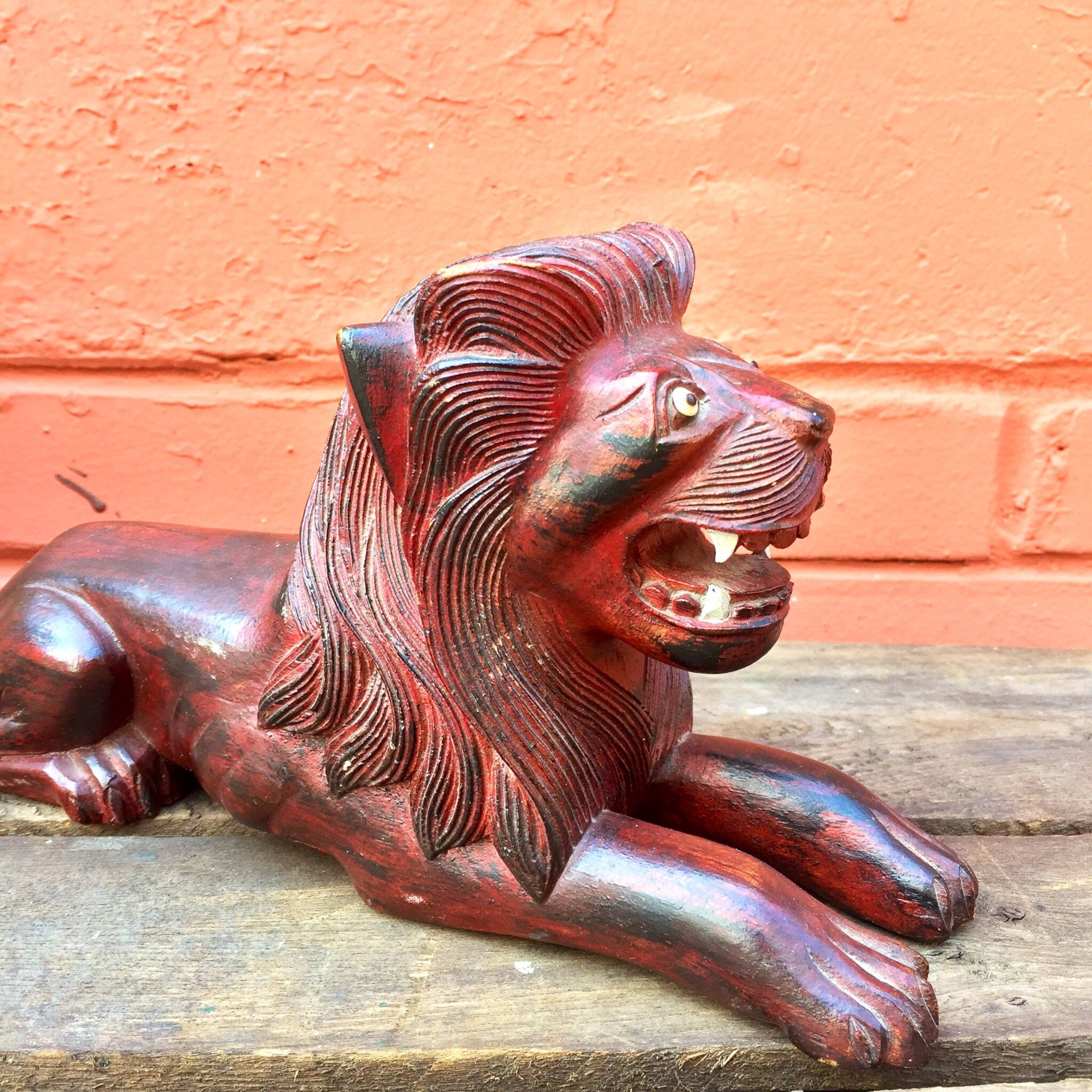 Carved Wooden Lion | Hand Carved Lion Figurine | Lion Statue | Wood Carving | Lion Sculpture | Vintage Decor | Asian Decor | Hand Crafted
