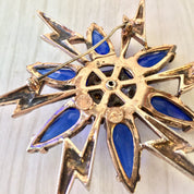 Vintage Art Deco Brooch | Sterling Silver Pin | Starburst Snowflake Shape | Blue Stones | Rhinestones | Silver Jewelry | Lightening Bolt