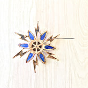 Vintage Art Deco Brooch | Sterling Silver Pin | Starburst Snowflake Shape | Blue Stones | Rhinestones | Silver Jewelry | Lightening Bolt