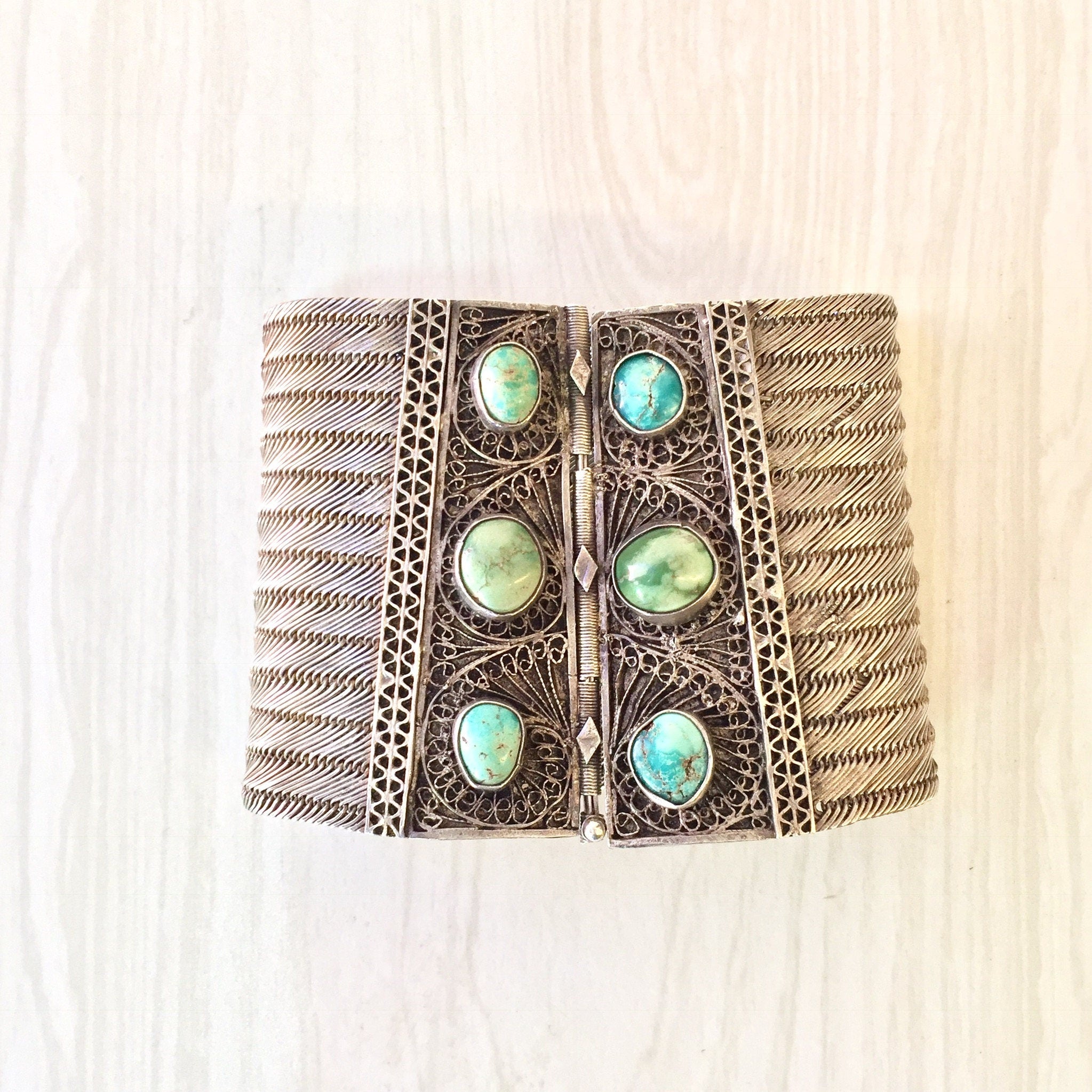 Middle Eastern Sterling Silver | Filagree Design | Turquoise Jewlery | Statement Bracelet | Sterling Silver | Ethnic Jewelry | Gift Idea