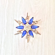 Vintage Art Deco Brooch | Sterling Silver Pin | Starburst Snowflake Shape | Blue Stones | Rhinestones | Silver Jewelry | Lightening Bolt