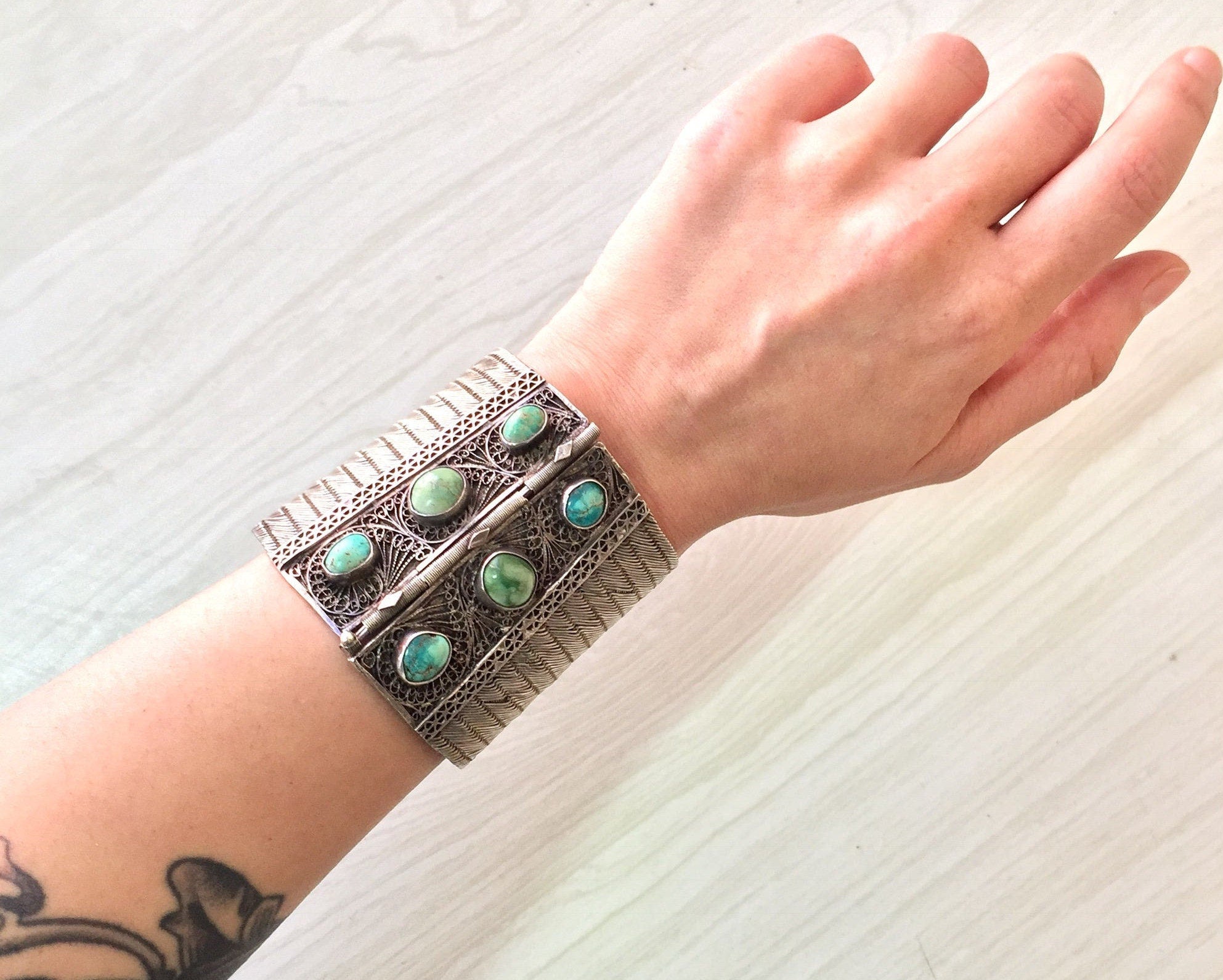 Middle Eastern Sterling Silver | Filagree Design | Turquoise Jewlery | Statement Bracelet | Sterling Silver | Ethnic Jewelry | Gift Idea