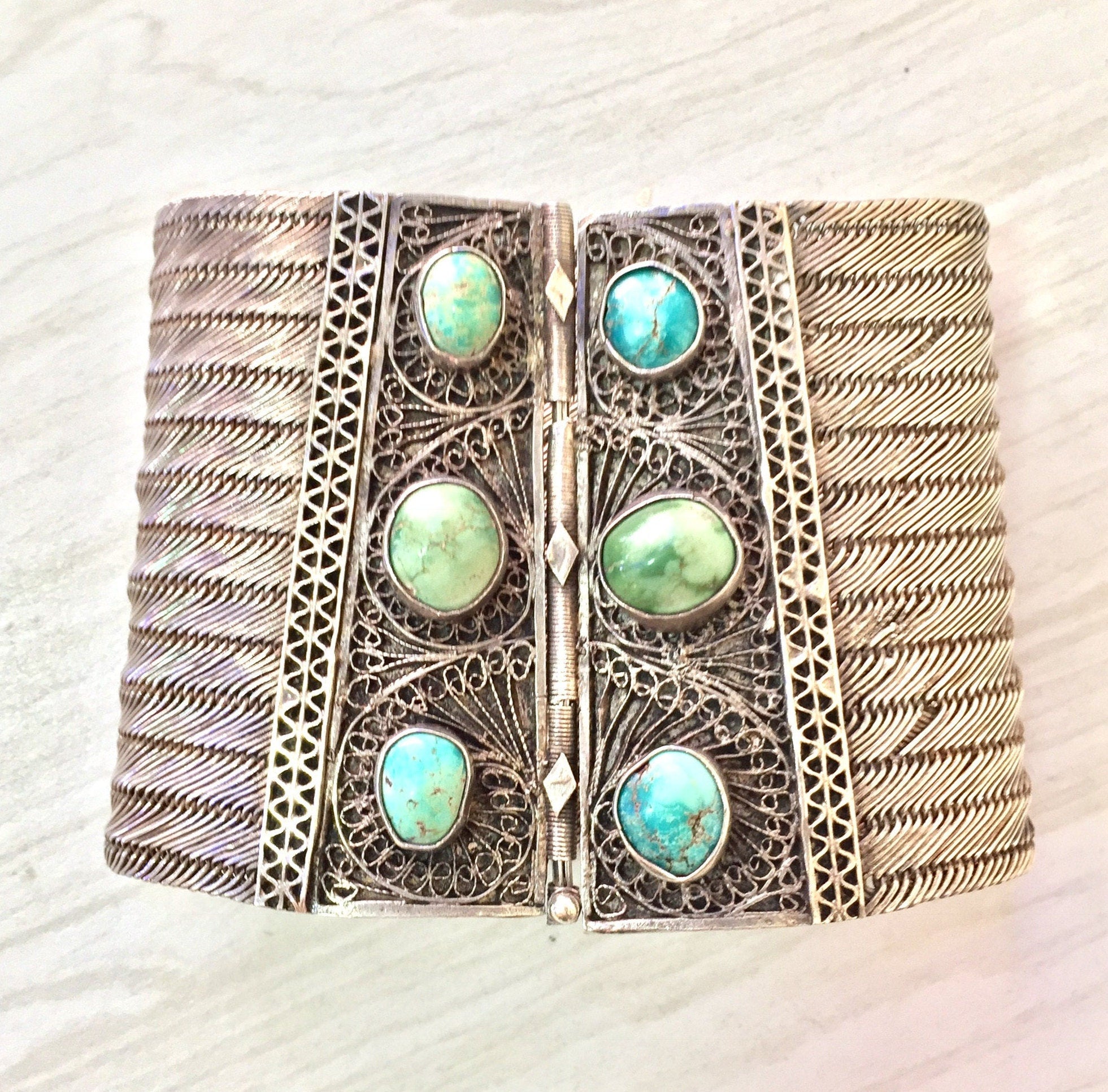 Middle Eastern Sterling Silver | Filagree Design | Turquoise Jewlery | Statement Bracelet | Sterling Silver | Ethnic Jewelry | Gift Idea