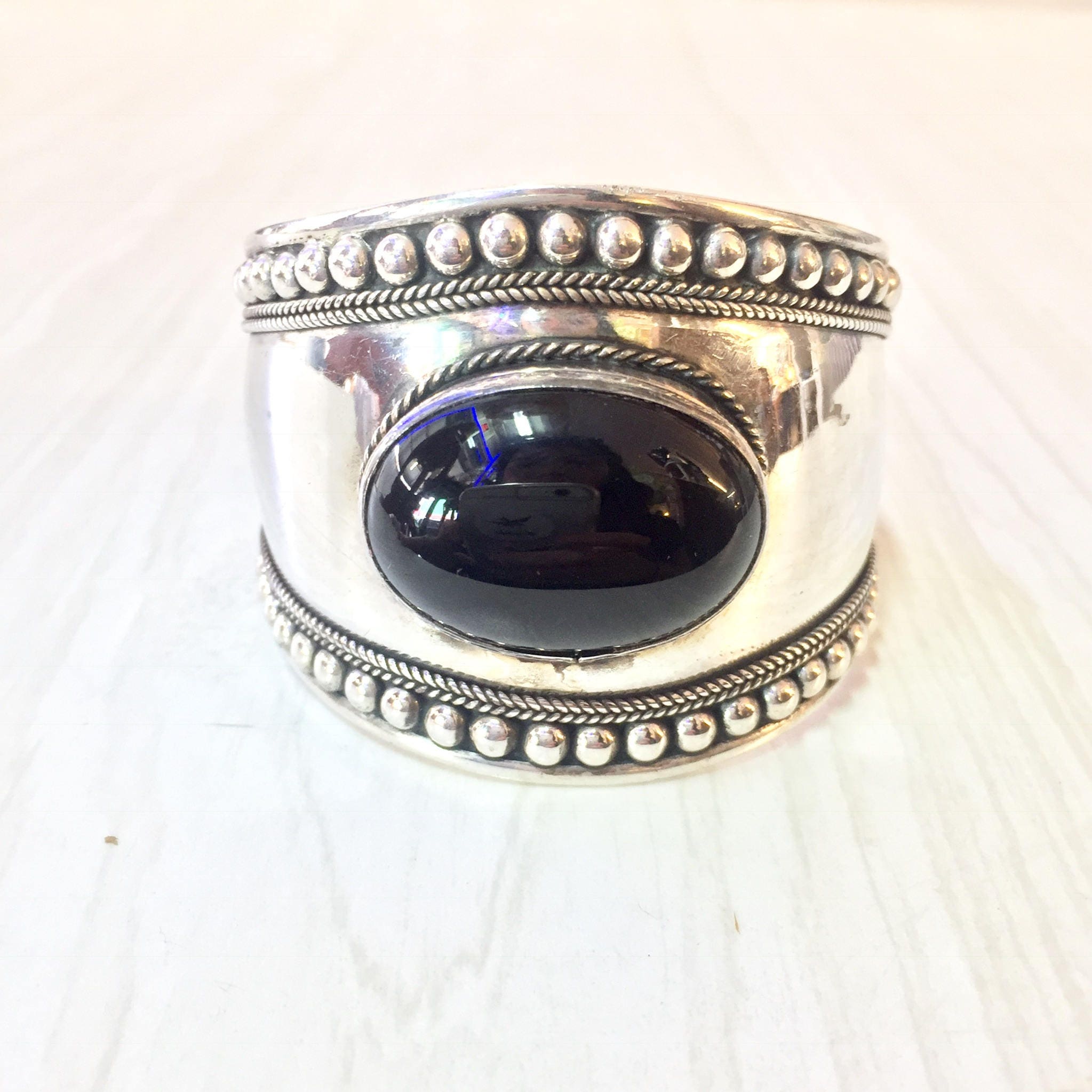 Black Onyx Cuff Bracelet | Sterling Silver Jewelry | Southwestern Style | Vintage Jewelry | Ethnic | Tribal Style | Gift For Her | Onyx