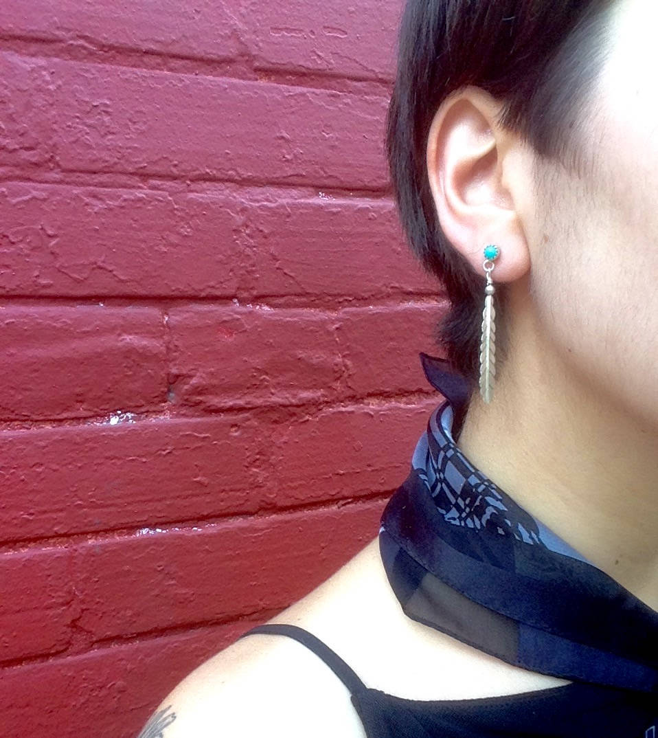Vintage Silver Feather Earrings | Boho Feather Jewlery | Turquoise Stone Earrings | Southwestern Silver | Vintage Dangle Earrings