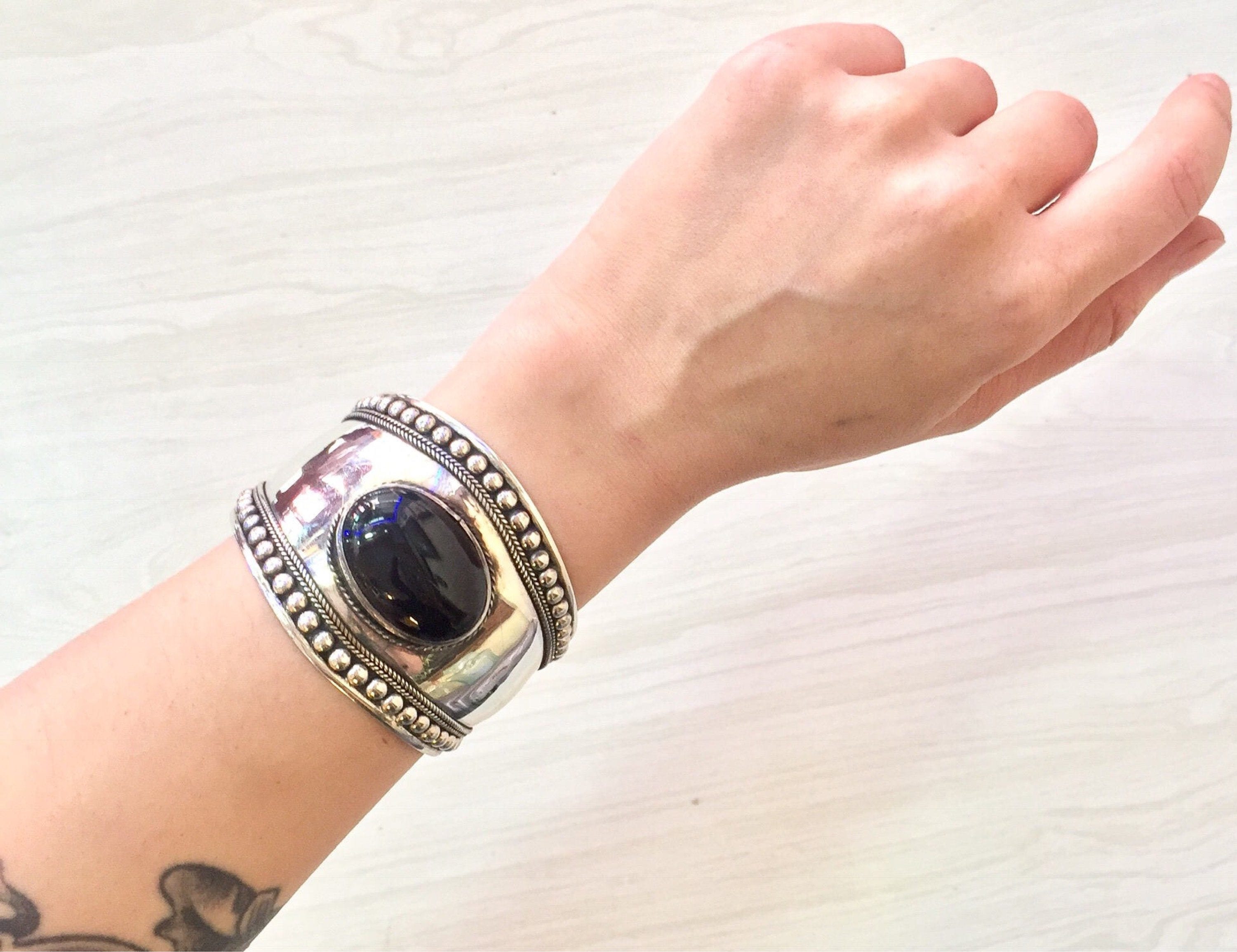 Black Onyx Cuff Bracelet | Sterling Silver Jewelry | Southwestern Style | Vintage Jewelry | Ethnic | Tribal Style | Gift For Her | Onyx