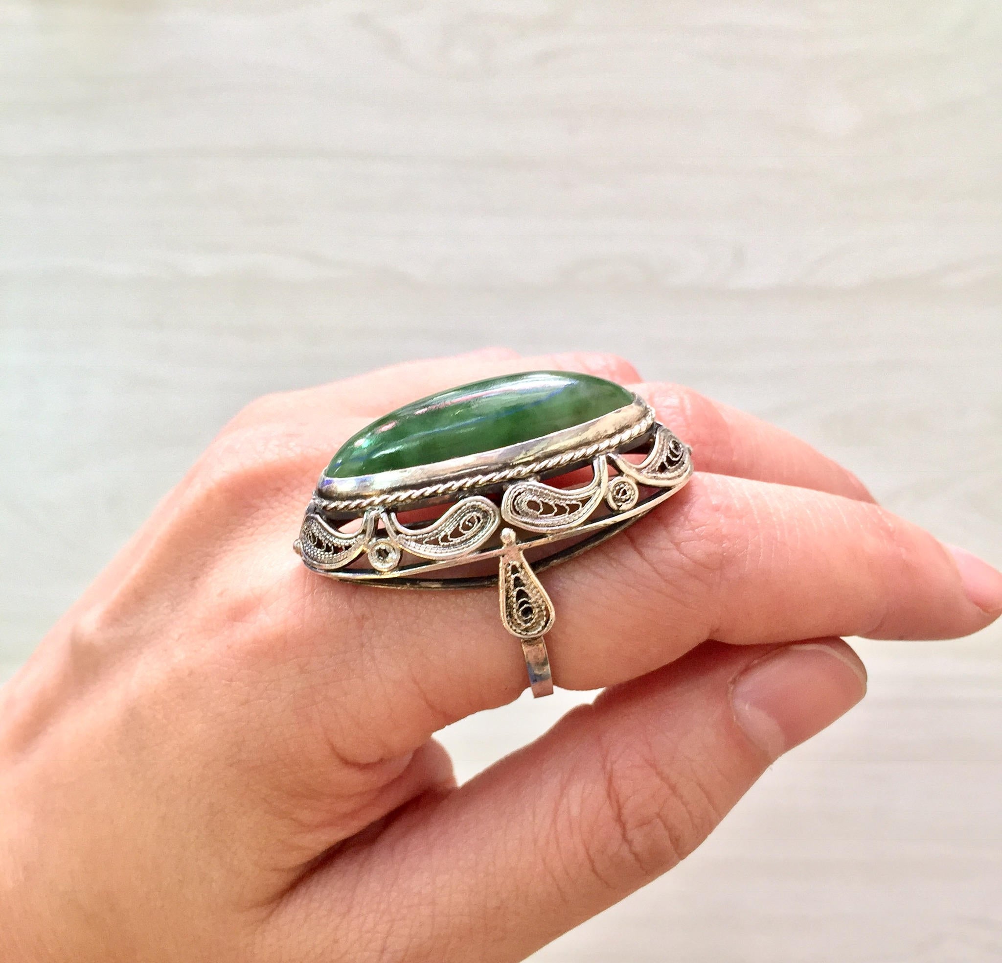 Sterling Silver Ring Jade | Jade cabochon | Jade Jewelry | Filagree | Vintage Ring | Jewelry | Gift for Her | Statement Ring