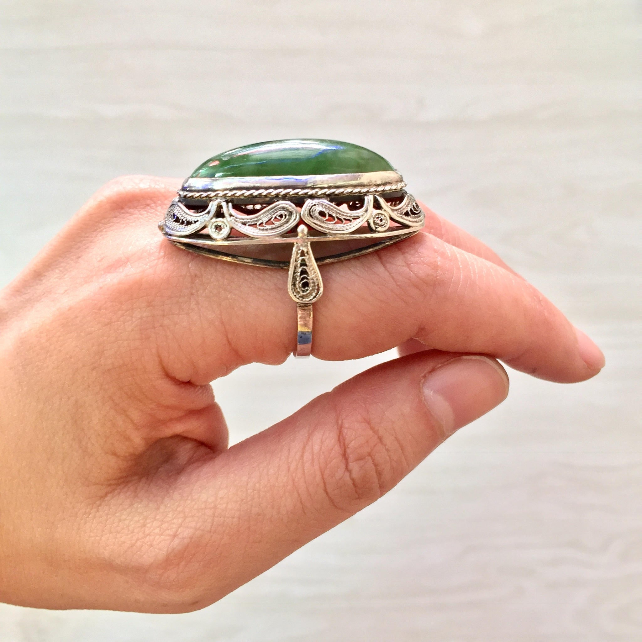 Sterling Silver Ring Jade | Jade cabochon | Jade Jewelry | Filagree | Vintage Ring | Jewelry | Gift for Her | Statement Ring
