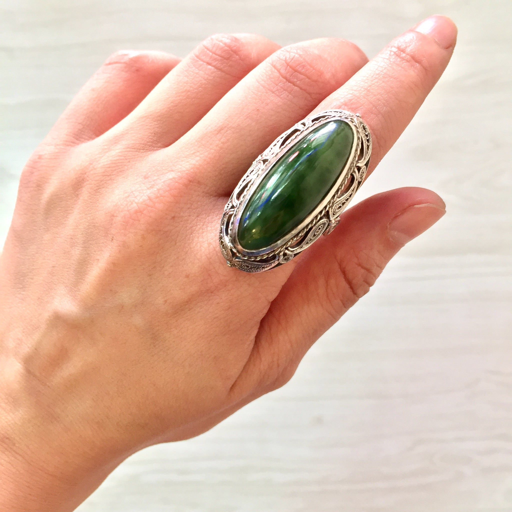 Sterling Silver Ring Jade | Jade cabochon | Jade Jewelry | Filagree | Vintage Ring | Jewelry | Gift for Her | Statement Ring