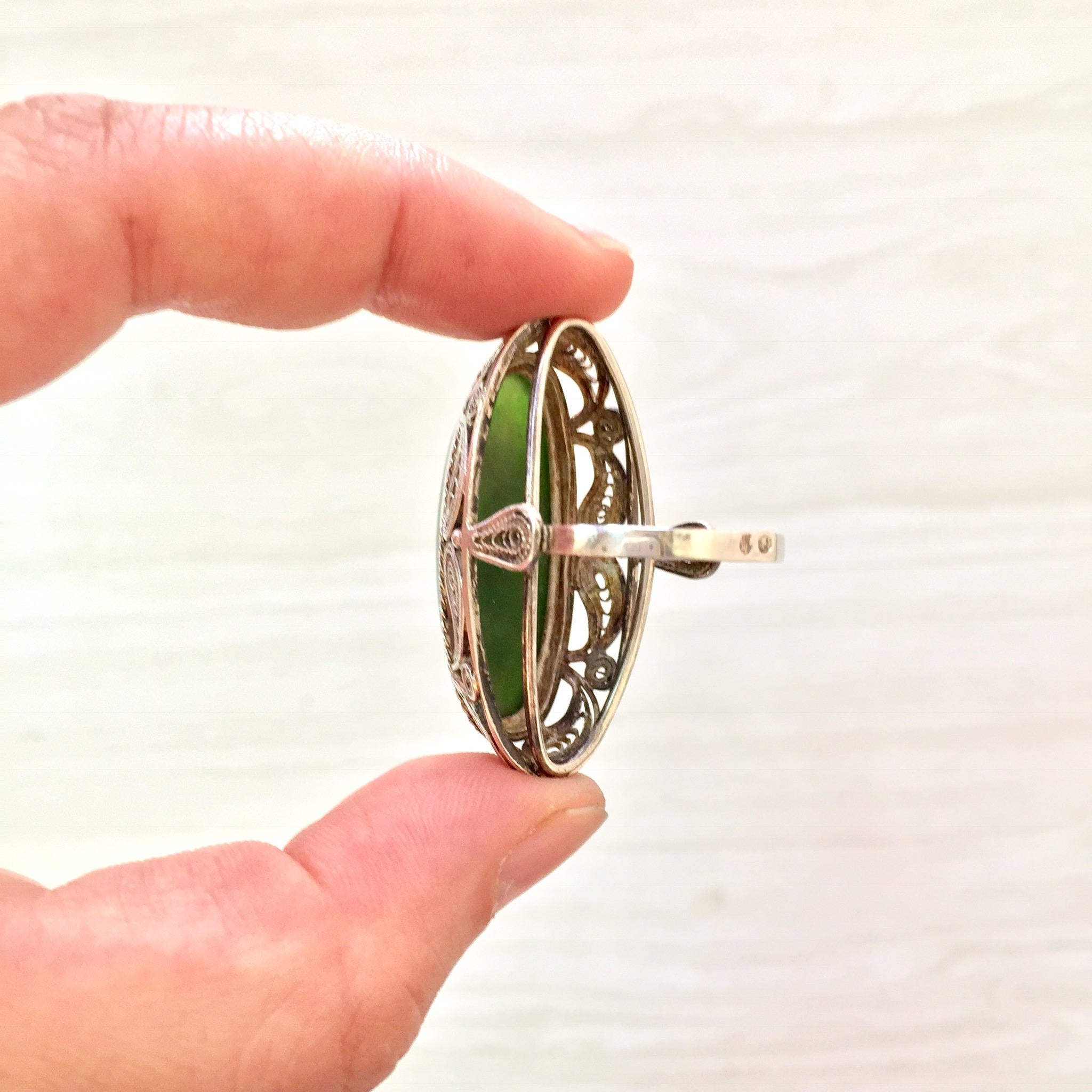 Sterling Silver Ring Jade | Jade cabochon | Jade Jewelry | Filagree | Vintage Ring | Jewelry | Gift for Her | Statement Ring