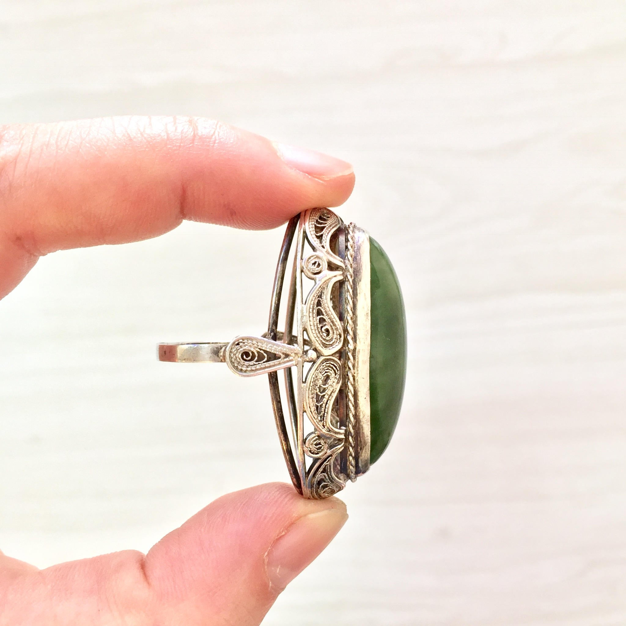 Sterling Silver Ring Jade | Jade cabochon | Jade Jewelry | Filagree | Vintage Ring | Jewelry | Gift for Her | Statement Ring