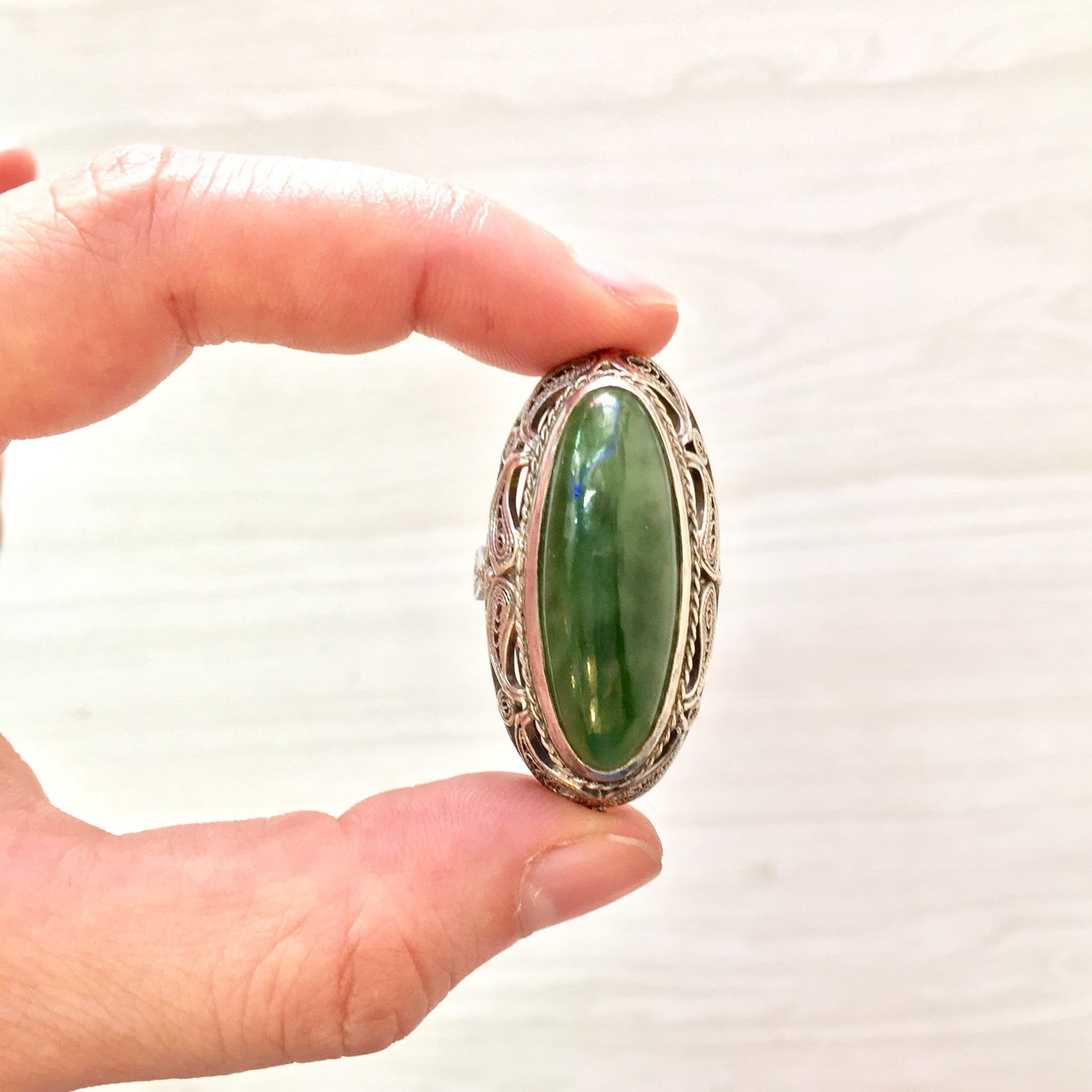 Sterling Silver Ring Jade | Jade cabochon | Jade Jewelry | Filagree | Vintage Ring | Jewelry | Gift for Her | Statement Ring