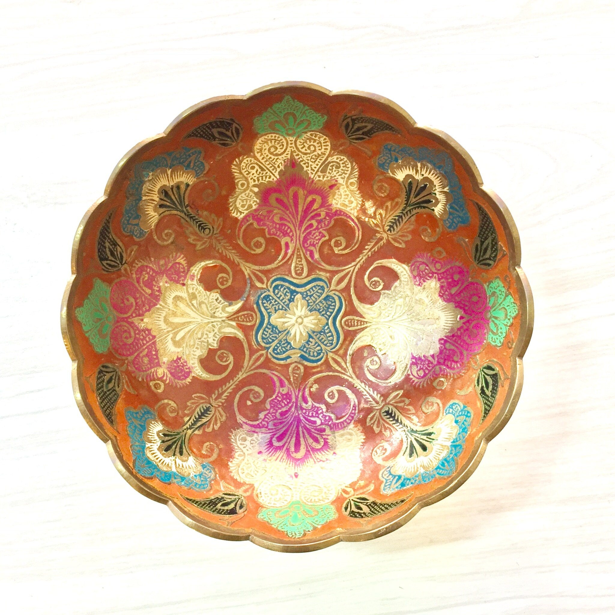 Indian Brass Enamel Bowl | Pedestal Bowl | Made in India | Enameled Bowl | Home Decor | Housewarming Gift | Boho Decor | Decorative Bowl