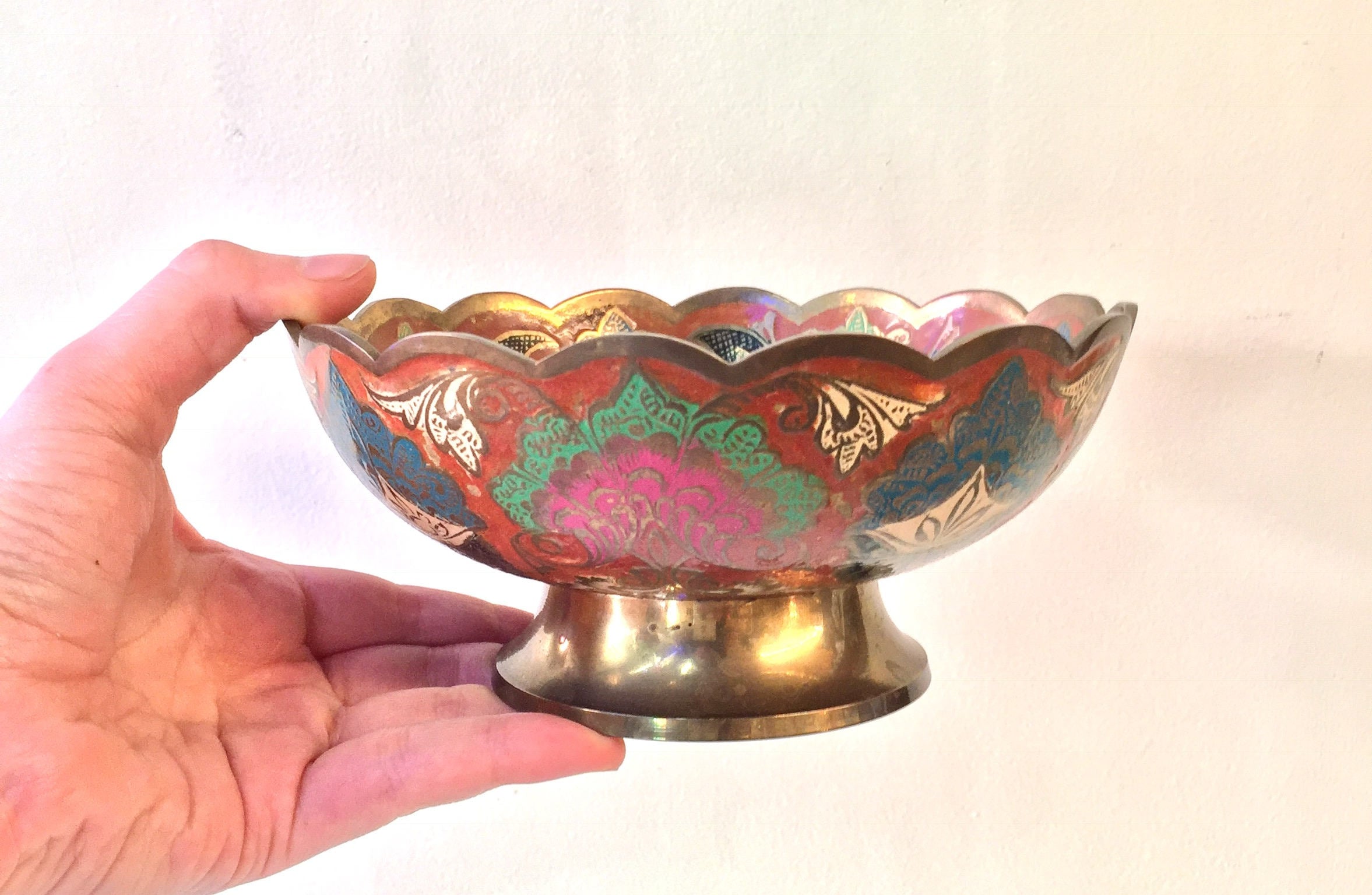 Indian Brass Enamel Bowl | Pedestal Bowl | Made in India | Enameled Bowl | Home Decor | Housewarming Gift | Boho Decor | Decorative Bowl