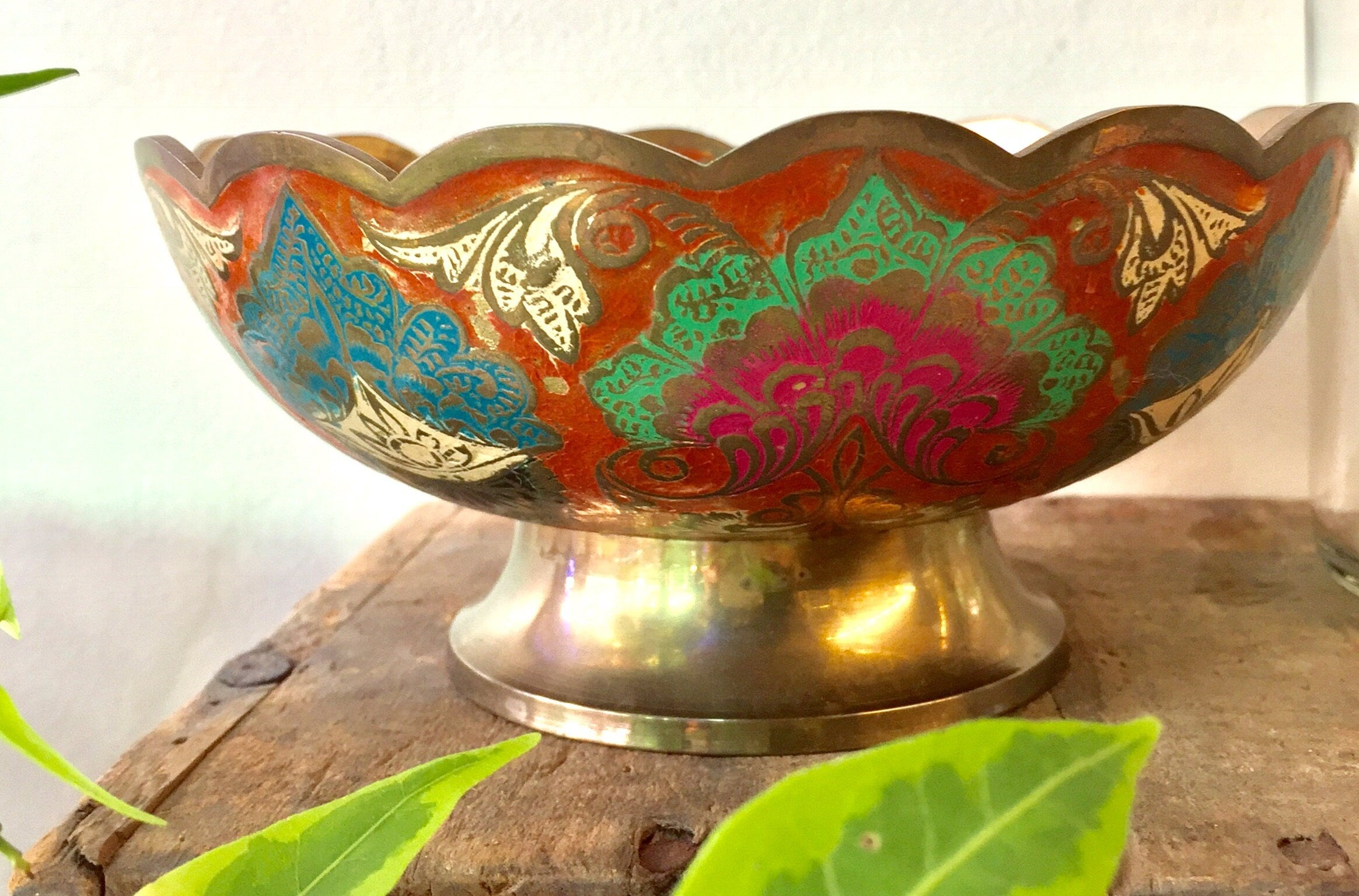 Indian Brass Enamel Bowl | Pedestal Bowl | Made in India | Enameled Bowl | Home Decor | Housewarming Gift | Boho Decor | Decorative Bowl