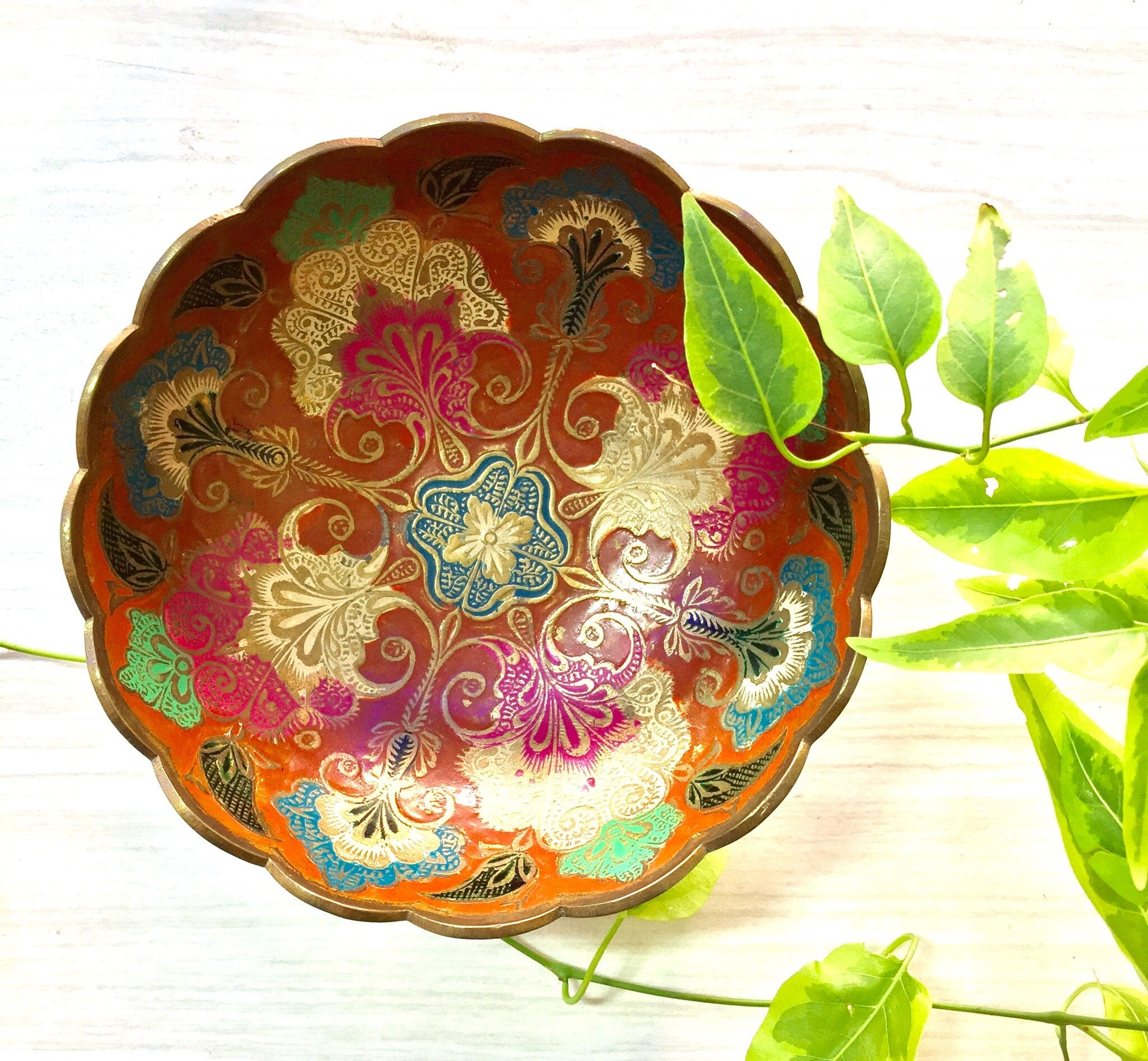 Indian Brass Enamel Bowl | Pedestal Bowl | Made in India | Enameled Bowl | Home Decor | Housewarming Gift | Boho Decor | Decorative Bowl