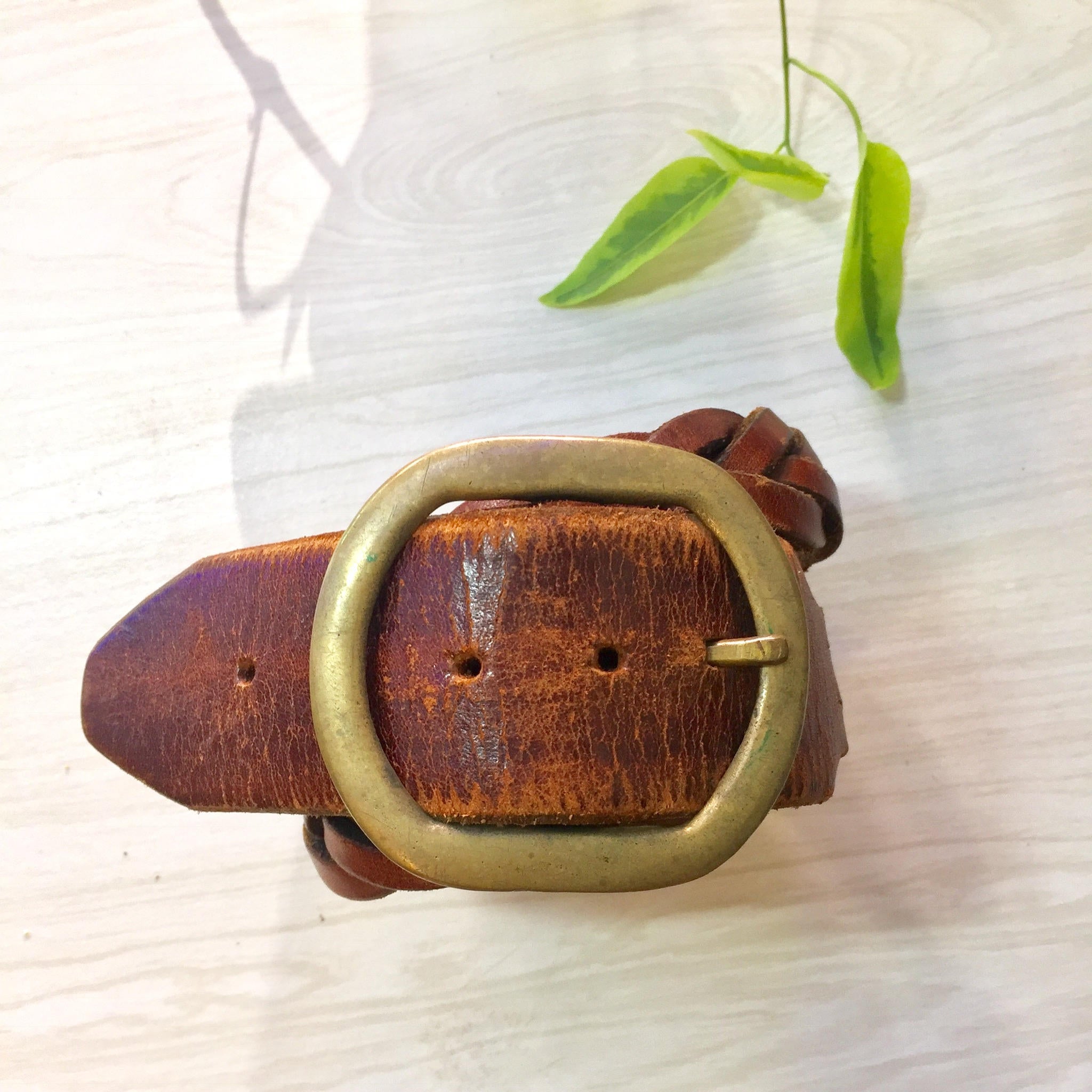 Vintage Braided Leather Belt with Brass Buckle | Small Belt | Women's Belt | Solid Brass | Brown Leather | Vintage Accessory | Boho Fashion