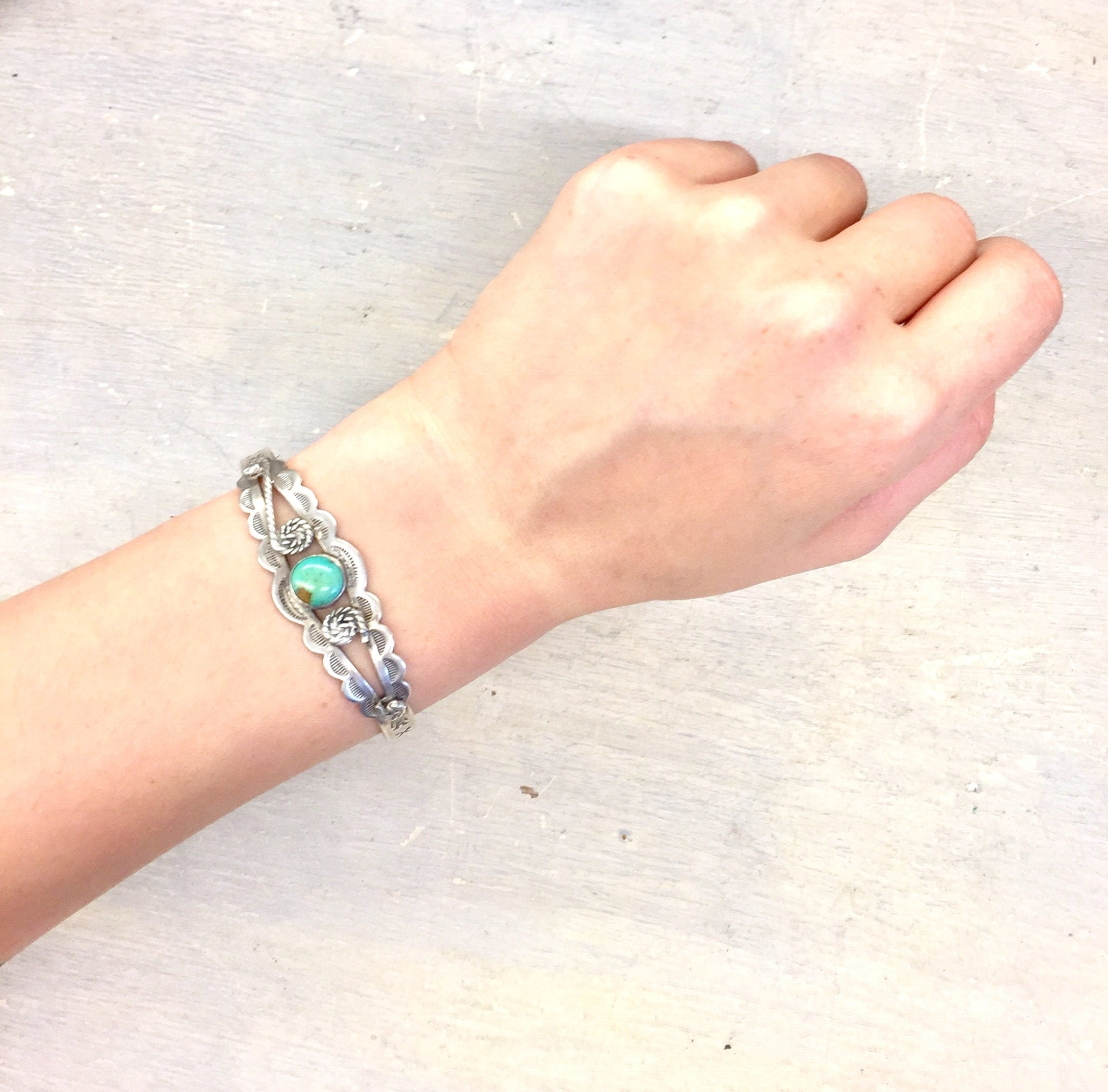 Southwestern Style Turquoise Cuff Bracelet | Stamped Silver | Vintage Sterling Silver Jewelry | Holiday Gift Idea | Boho Style | Bohemian