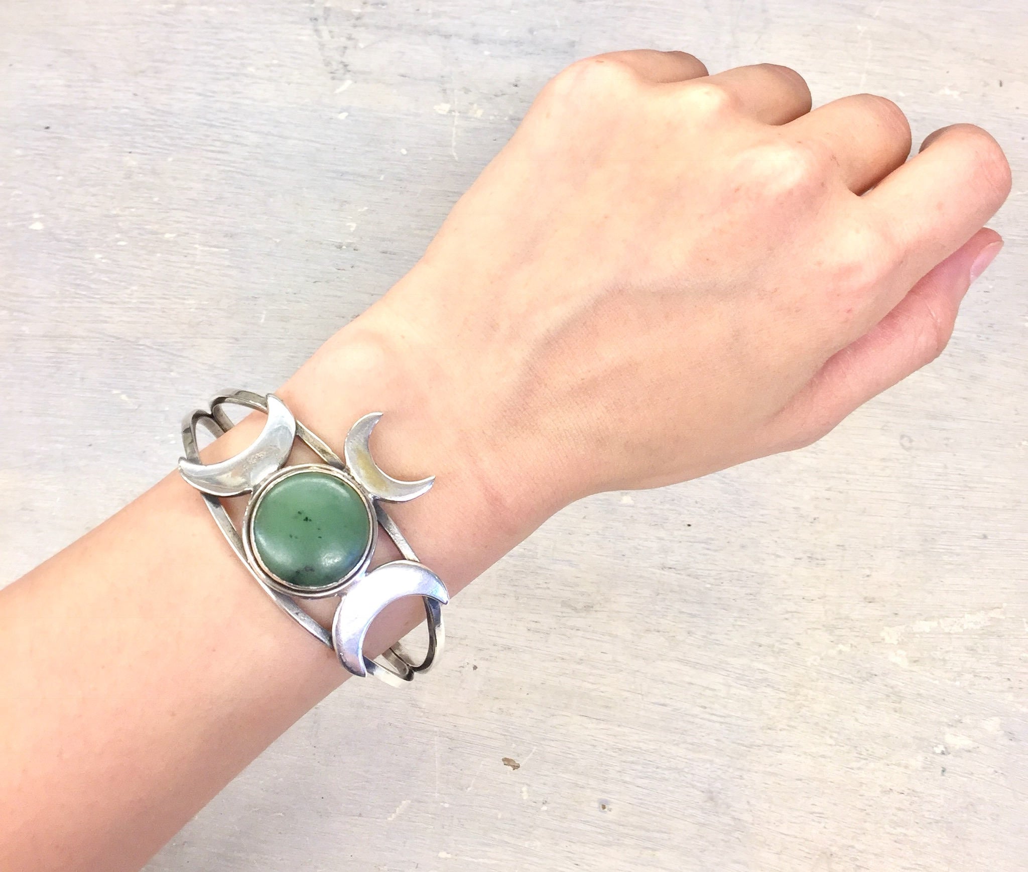 Sterling Jewelry | Sterling Silver Cuff Bracelet | Jade Jewelry | Jade Bracelet | Vintage Jewelry | Vintage Sterling | gift for her | moon