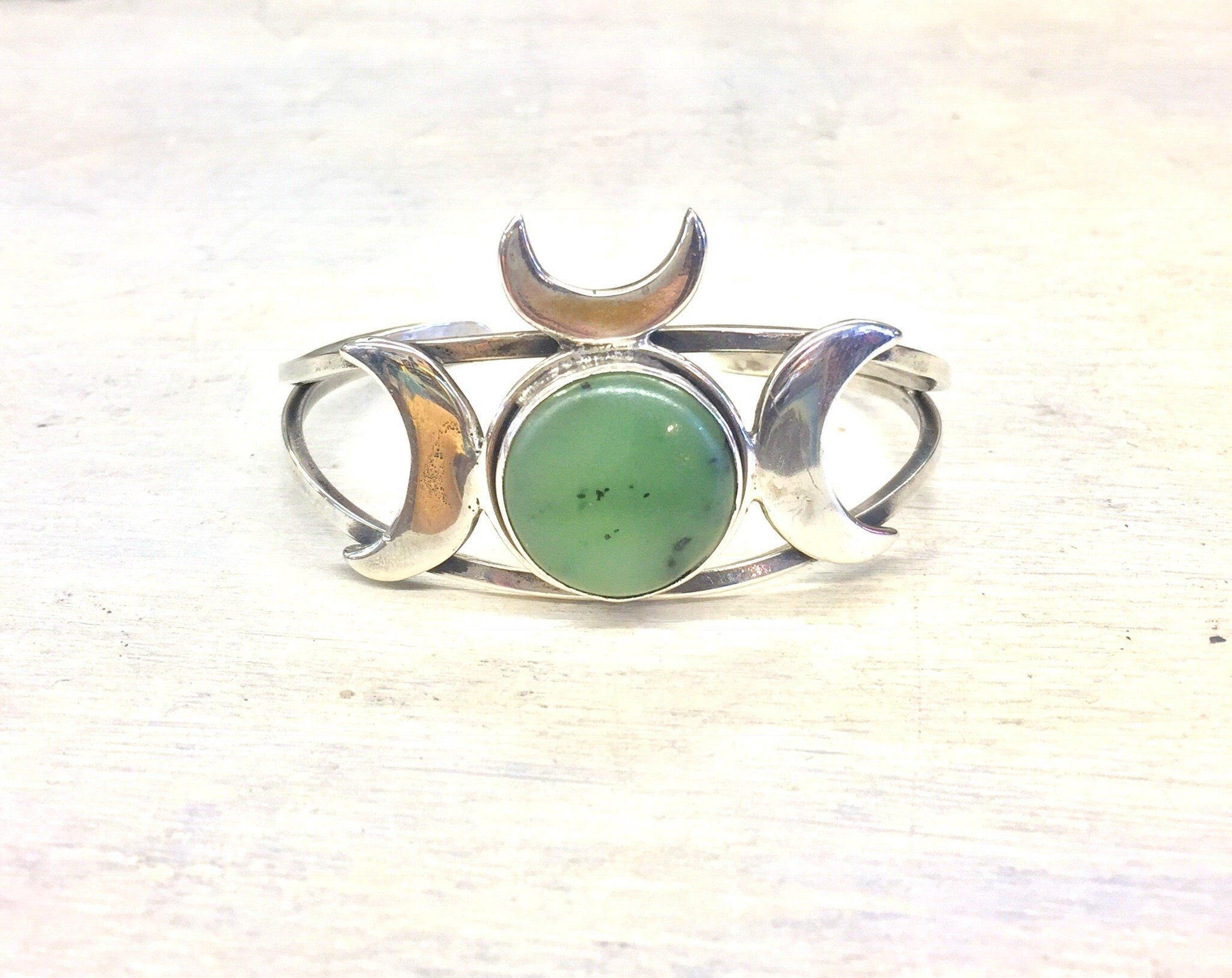 Sterling Jewelry | Sterling Silver Cuff Bracelet | Jade Jewelry | Jade Bracelet | Vintage Jewelry | Vintage Sterling | gift for her | moon
