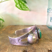 Southwest Sterling Silver Cuff Bracelet | Green Stone | Stamped Silver | Southwestern Style | Bohemian Style | Boho Jewelry | Silver Cuff |