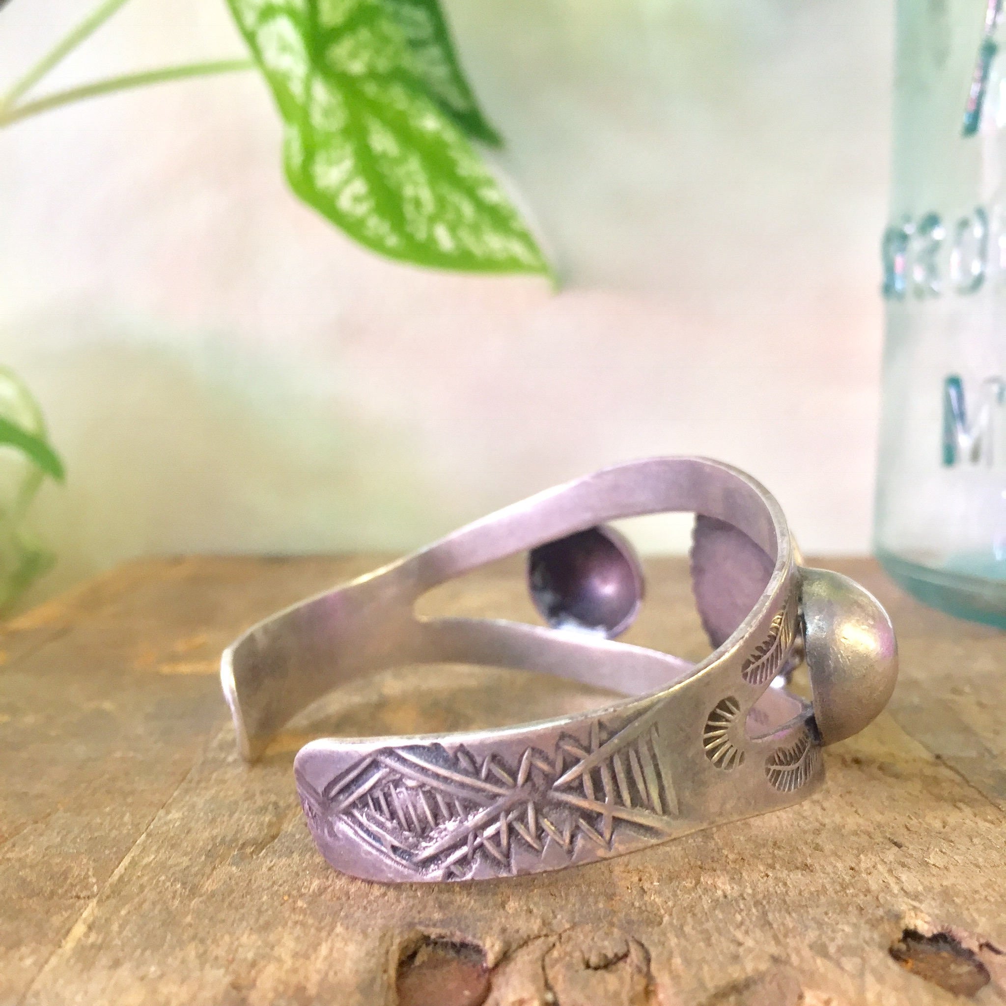 Southwest Sterling Silver Cuff Bracelet | Green Stone | Stamped Silver | Southwestern Style | Bohemian Style | Boho Jewelry | Silver Cuff |