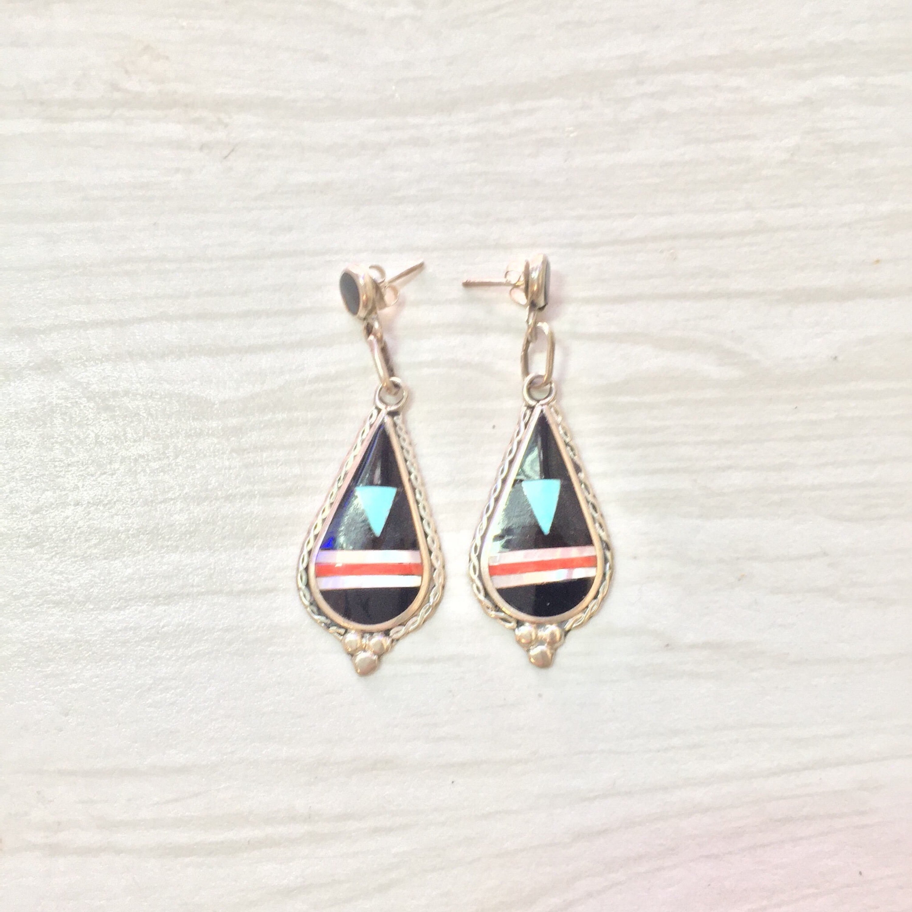 Southwest Sterling Silver Earrings | Inlaid Natural Stones | Dangle Earrings | Multi Stone Earrings | Genuine Stones | Southwestern Style