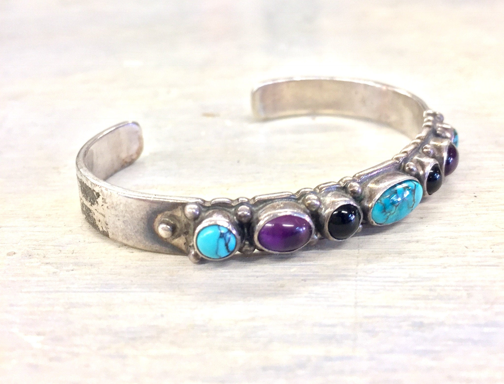 Sterling Bracelet | Cuff Bracelet | Silver Jewelry | Vintage Jewelry | Vintage Silver | Turquoise | Onyx | Purple | Vintage Turquoise