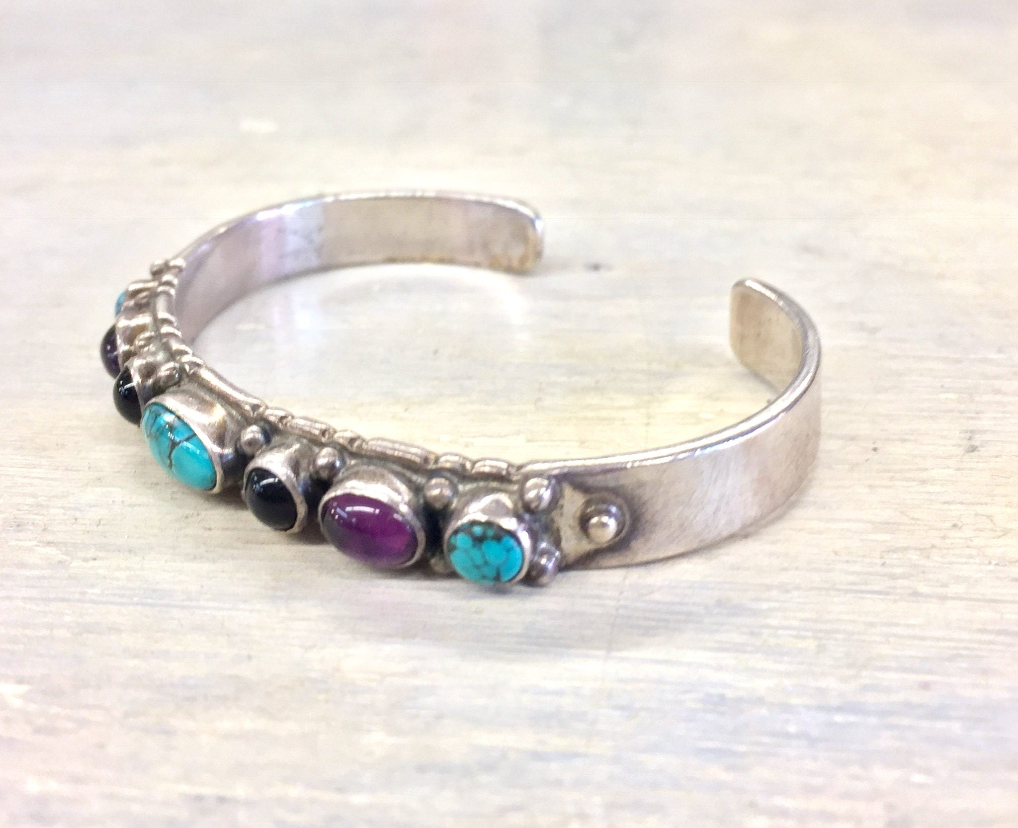 Sterling Bracelet | Cuff Bracelet | Silver Jewelry | Vintage Jewelry | Vintage Silver | Turquoise | Onyx | Purple | Vintage Turquoise