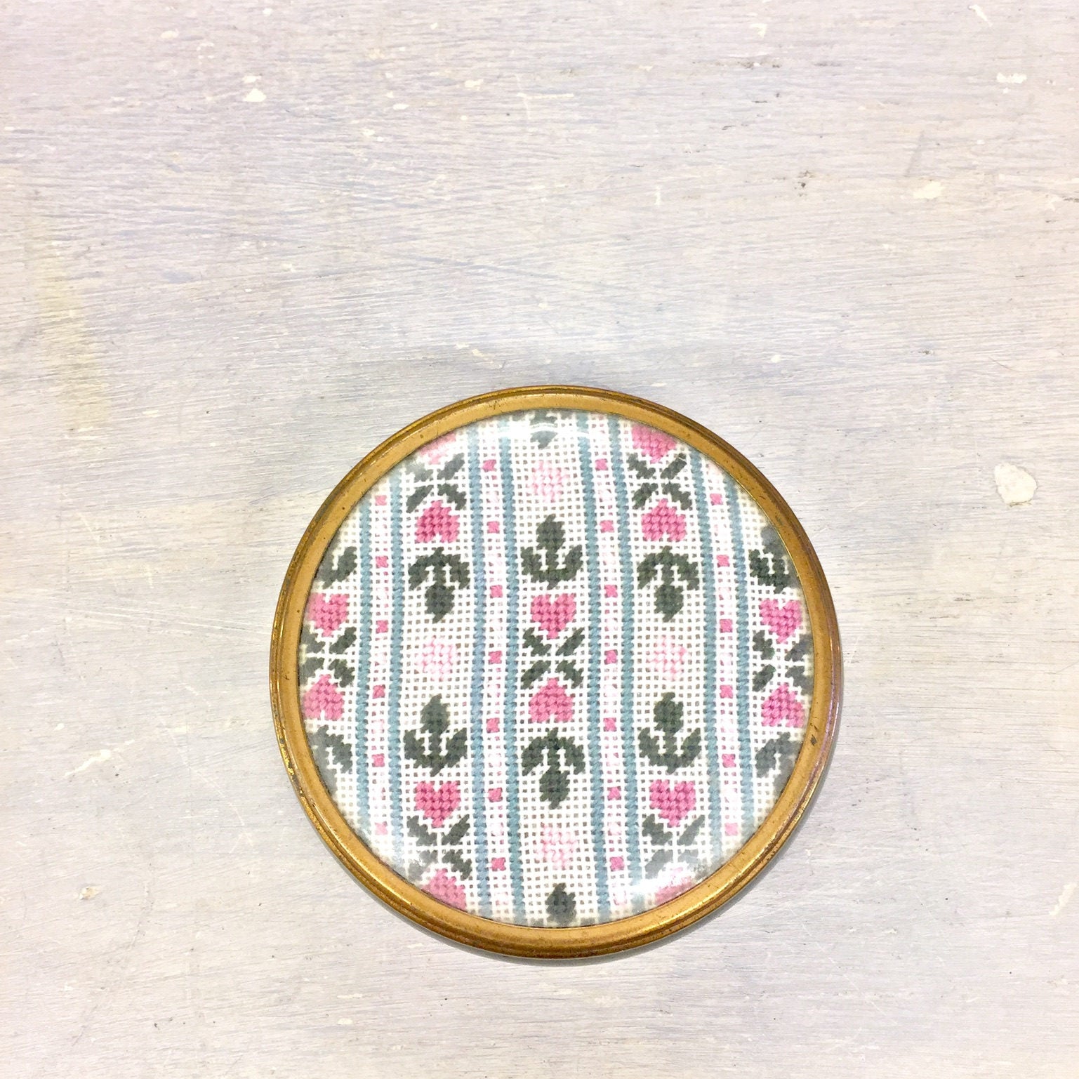 Vintage Hand Stitched Jewelry Box | Embroidered Trinket Box | Made in England | Jewelry Storage | Green | Pink | Floral Embroidery | Ceramic