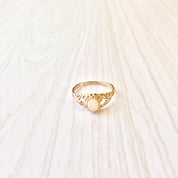 Vintage 10K yellow gold Art Deco ring with filigree design and opal gemstone, perfect as an engagement ring or gift for her.