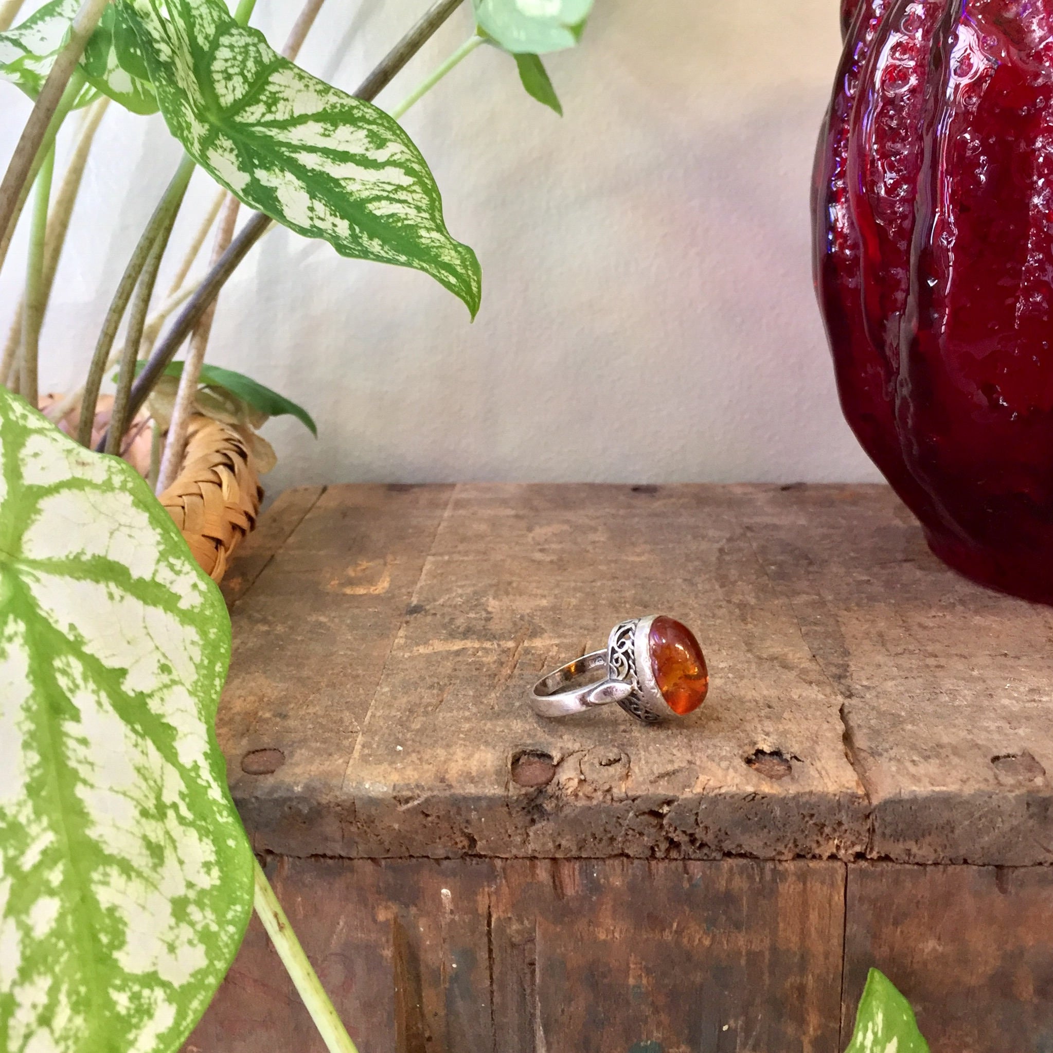 Sterling Silver and Amber Ring with Filagree Setting | Amber Jewelry | Vintage Ring | Statement Ring | Vintage Jewelry | Filagree Jewelry
