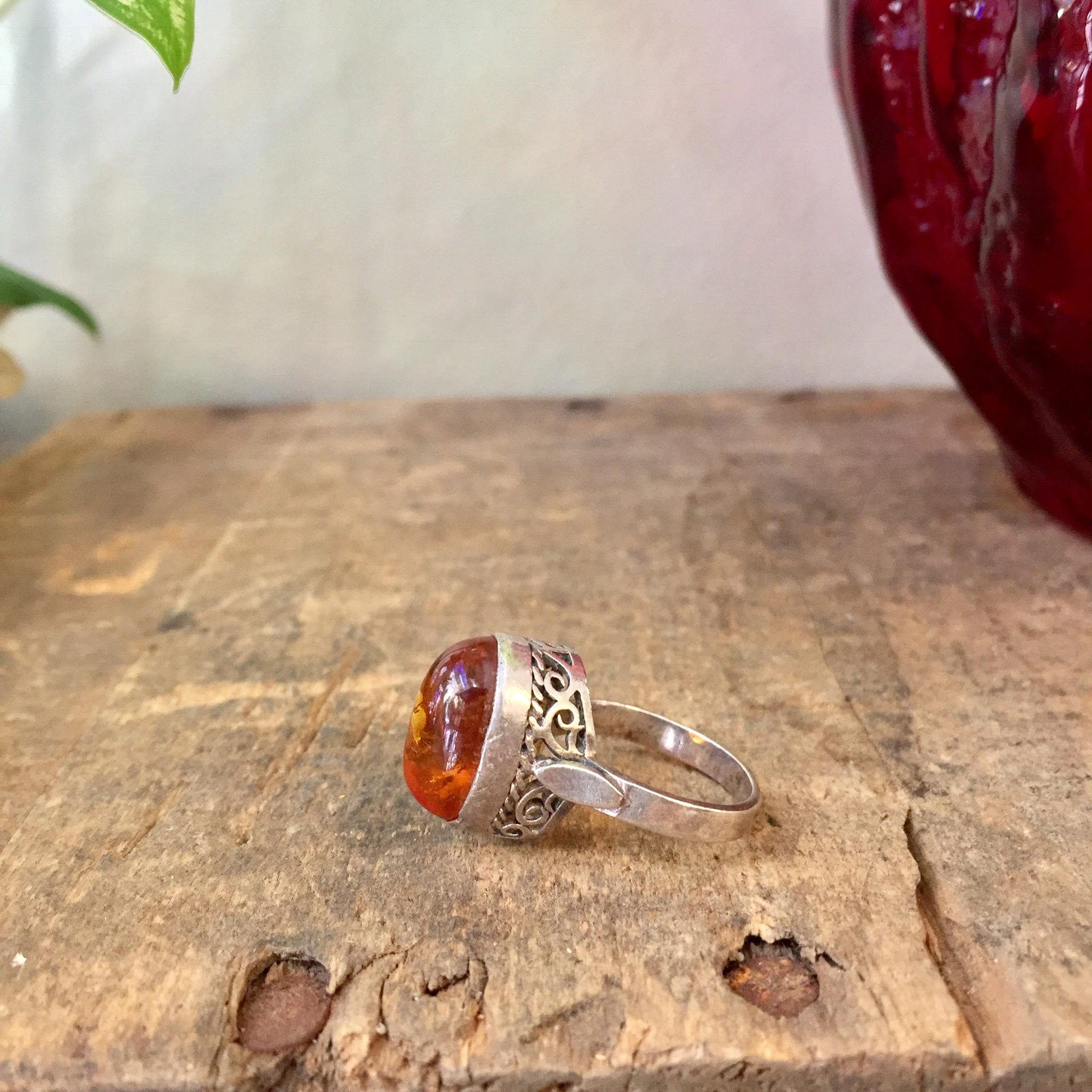 Sterling Silver and Amber Ring with Filagree Setting | Amber Jewelry | Vintage Ring | Statement Ring | Vintage Jewelry | Filagree Jewelry