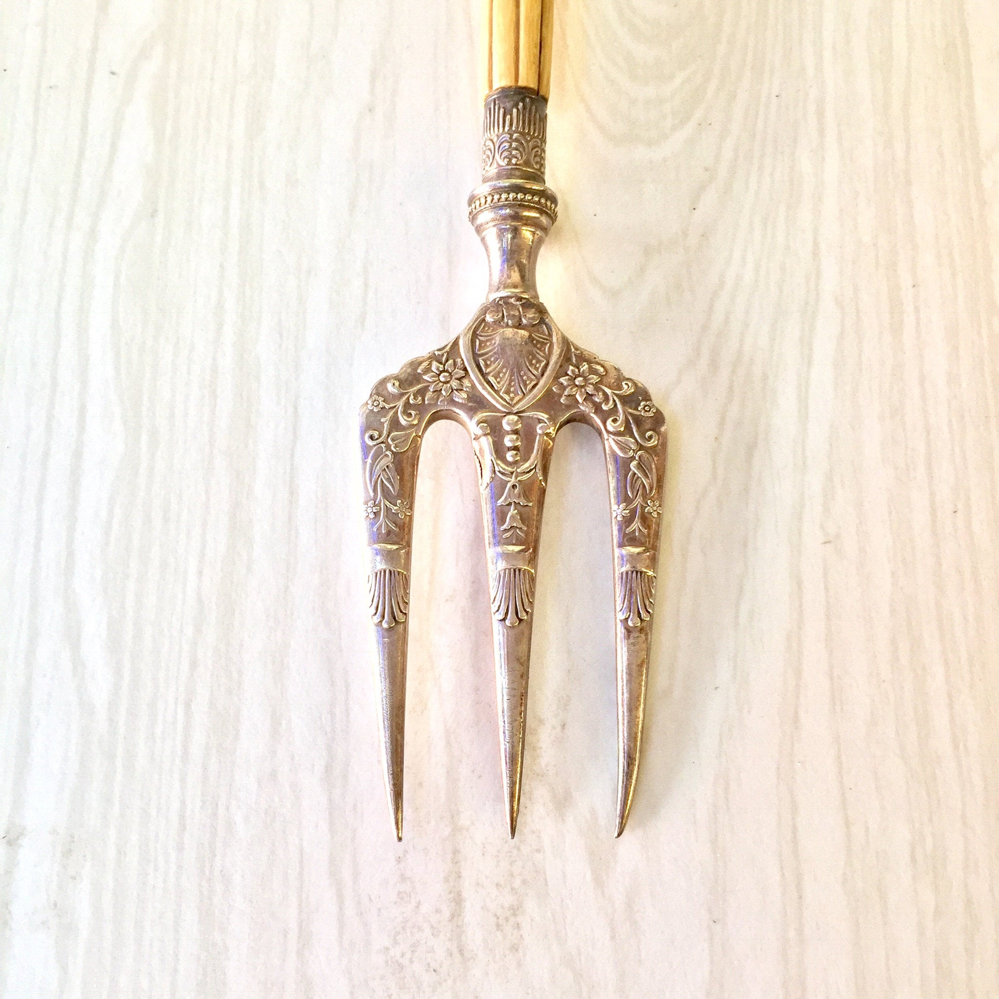 Victorian Bread Fork | Antique Serving Fork | Bone Handle | Engraved Design | Toast Fork | Antique Silverware | Victorian Silverware |