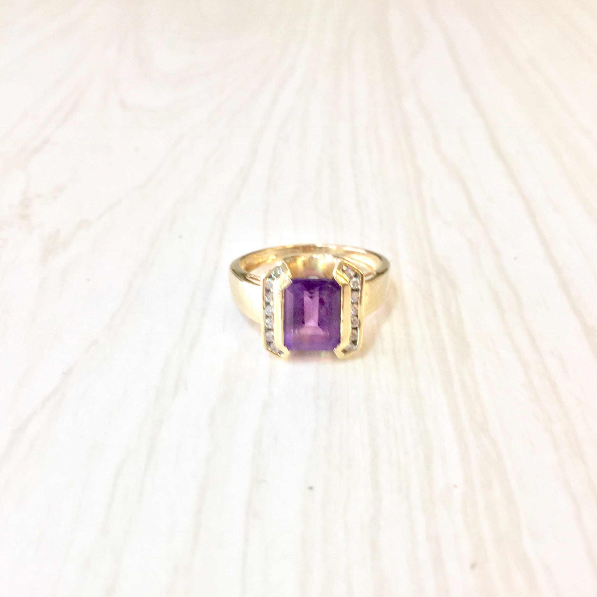 Vintage 14 Karat Yellow Gold Ring with Amethyst and Diamonds | 14K Yellow Gold Jewelry | Amethyst | Diamonds | Engagement Ring |Gift for her