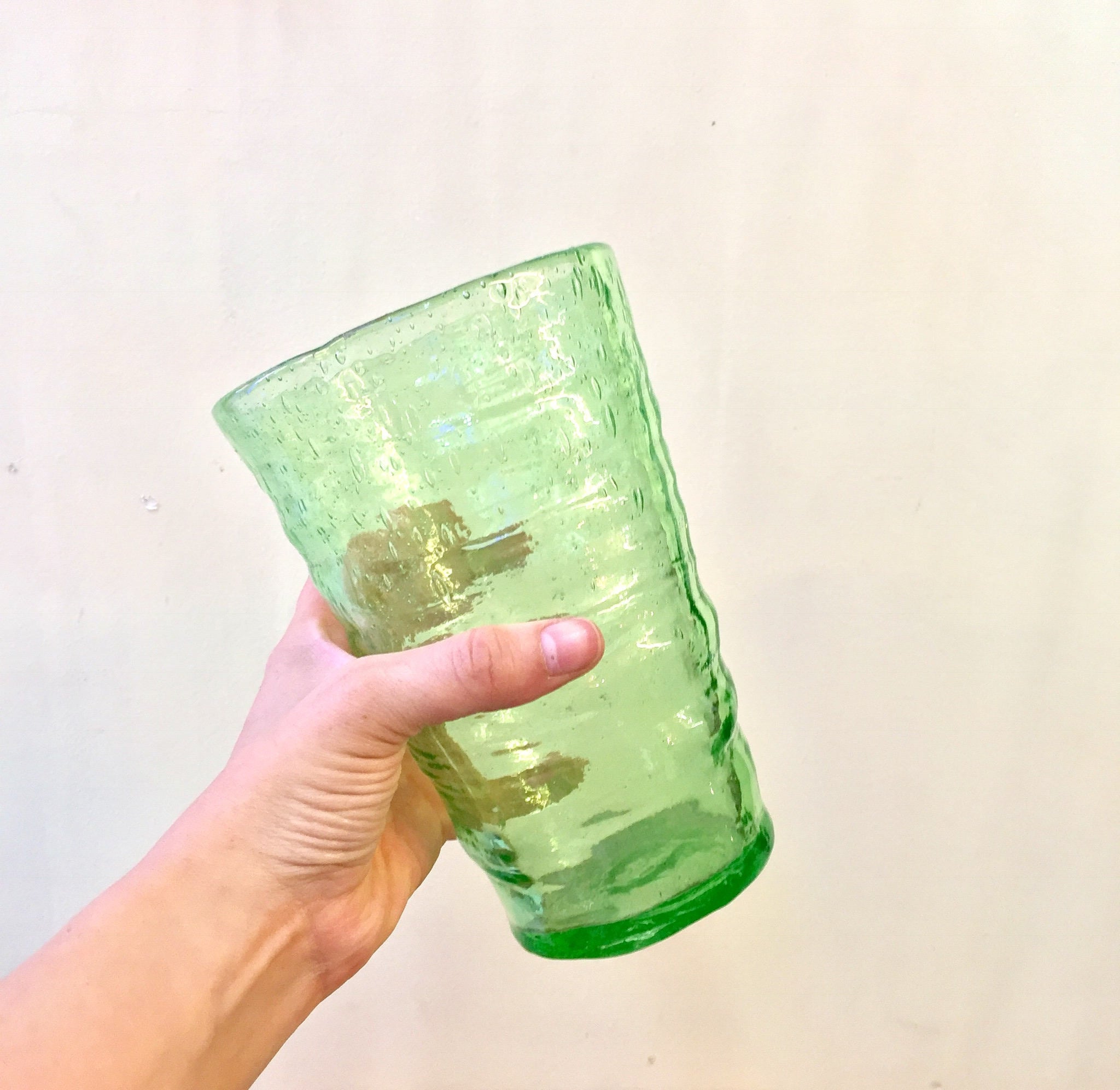 Vintage Vaseline Glass Large Cup | Rippled Texture Depression Glass | Hand Blown Vaseline Glass | Pontil | Ripple Texture | Collectible |