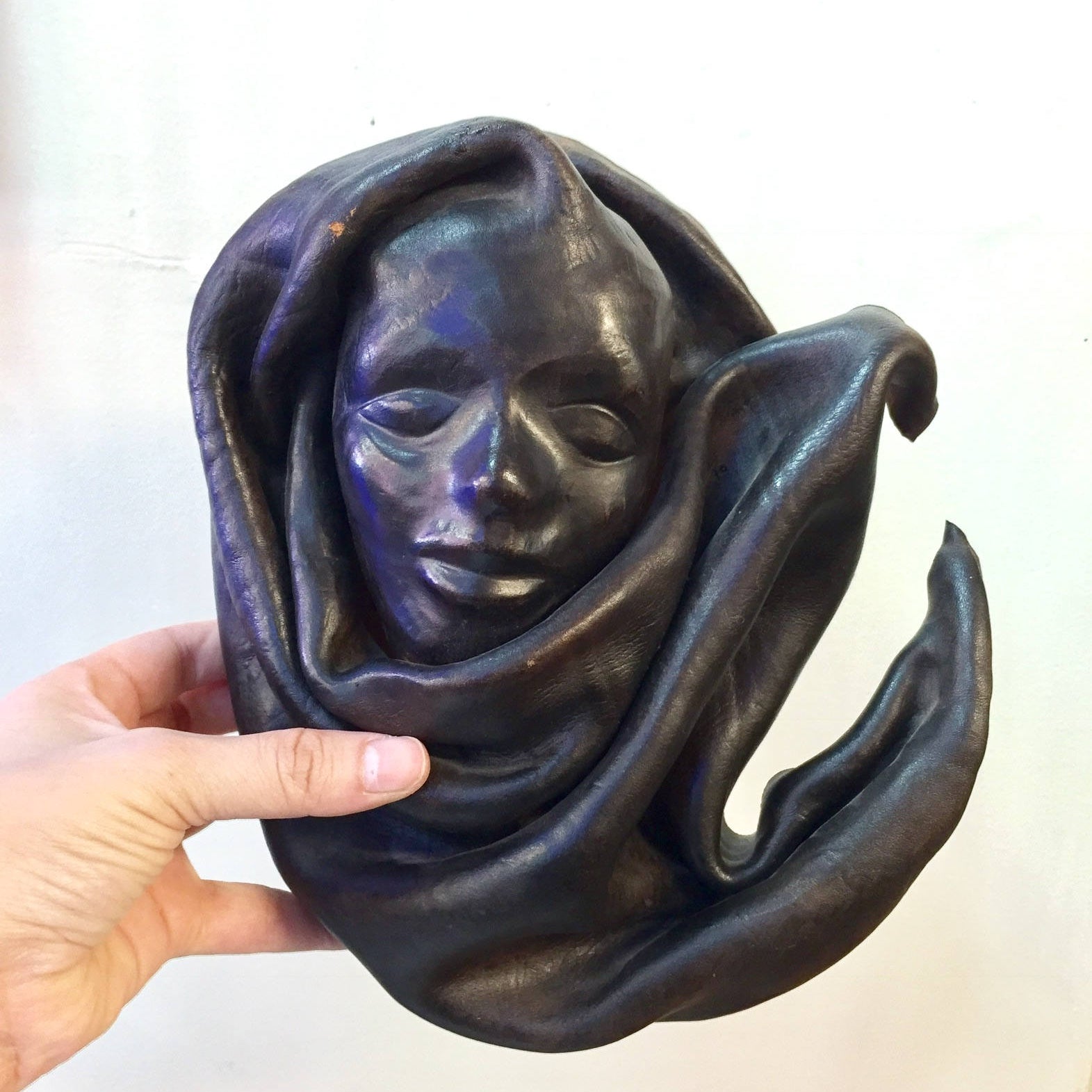 Haitian Sculptured Leather Molding | Vintage Leather Mask | Woman's Face | Tribal Ethnic Leather Tooled Mask | Dark Leather Wall Mask | Home